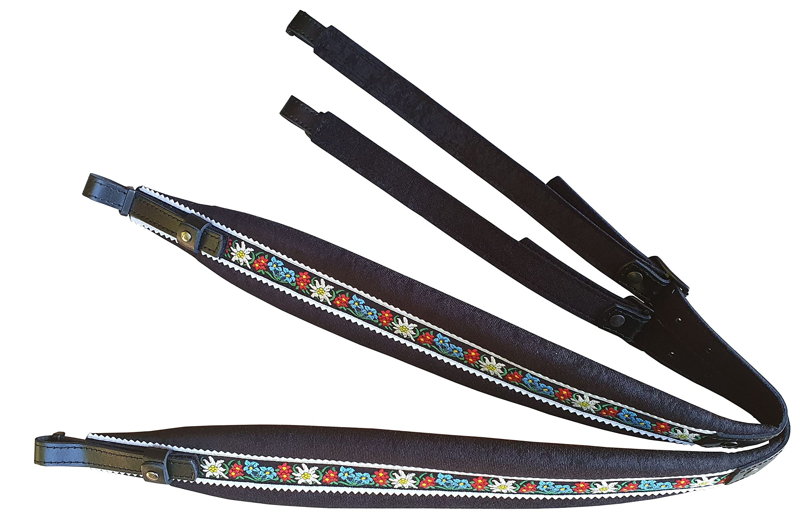 Steirische Harmonika Riemen Set – Edelweiss Schwarz – Komplettset mit Tragegurten, Bassriemen, Rückenverbinder & Verstellerset – gepolstert, verstellbar – Zubehör für Volksmusik & Tracht