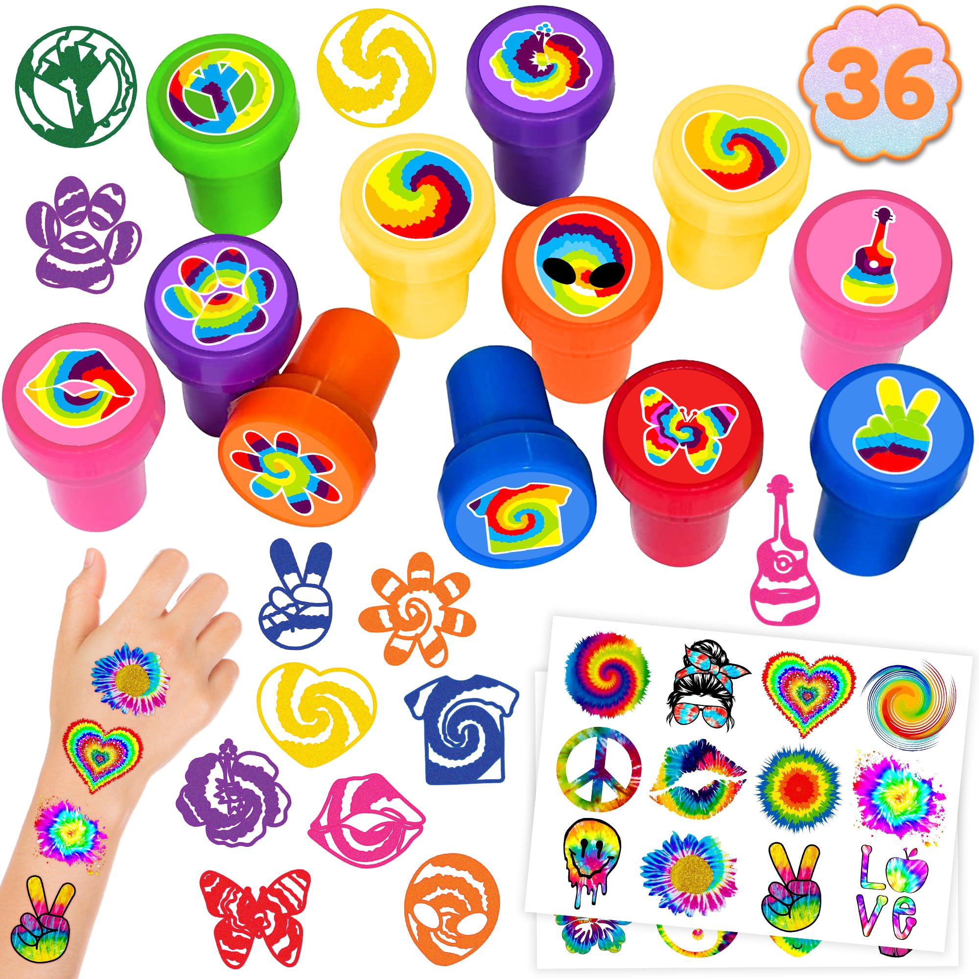 36PCS Tie Dye Party Favors - 24PCS Temporary Tattoos & 12PCS Stamps - Ideal Multicolor Themed Birthday Card Decorations Supplies Goodie Bag Cute