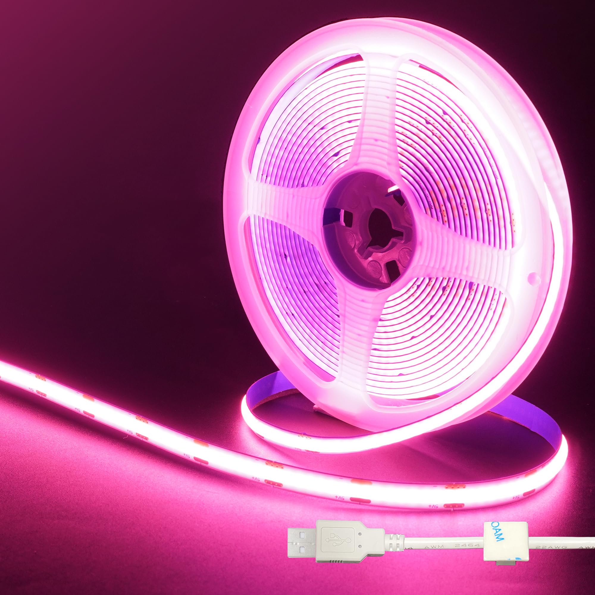 Clearhill 5V USB COB LED Strip Lights,16.4FT/5M,Pink,320LEDs/M,8mm Width,Not Waterproof IP20,1M USB Cable,Flexible LED Tape Light for DIY Home Indoor Decoration