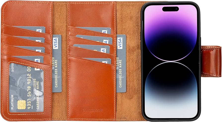 BlackBrook iPhone 14 Pro Max ウォレットケースセット - (2イン1) ウィンザー フルグレインレザーウォレット  iPhone 14 Pro Max(6.7インチ)用 - カードスロット8個 現金2個 & クリアIDポケット1つ - MagSafe対応 (光沢タン)