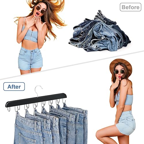 Miniatura 2 de Ganchos para jeans para armario, 14 ganchos de madera para jeans que ahorran espacio, ganchos giratorios de 180 para jeans, faldas, pantalones