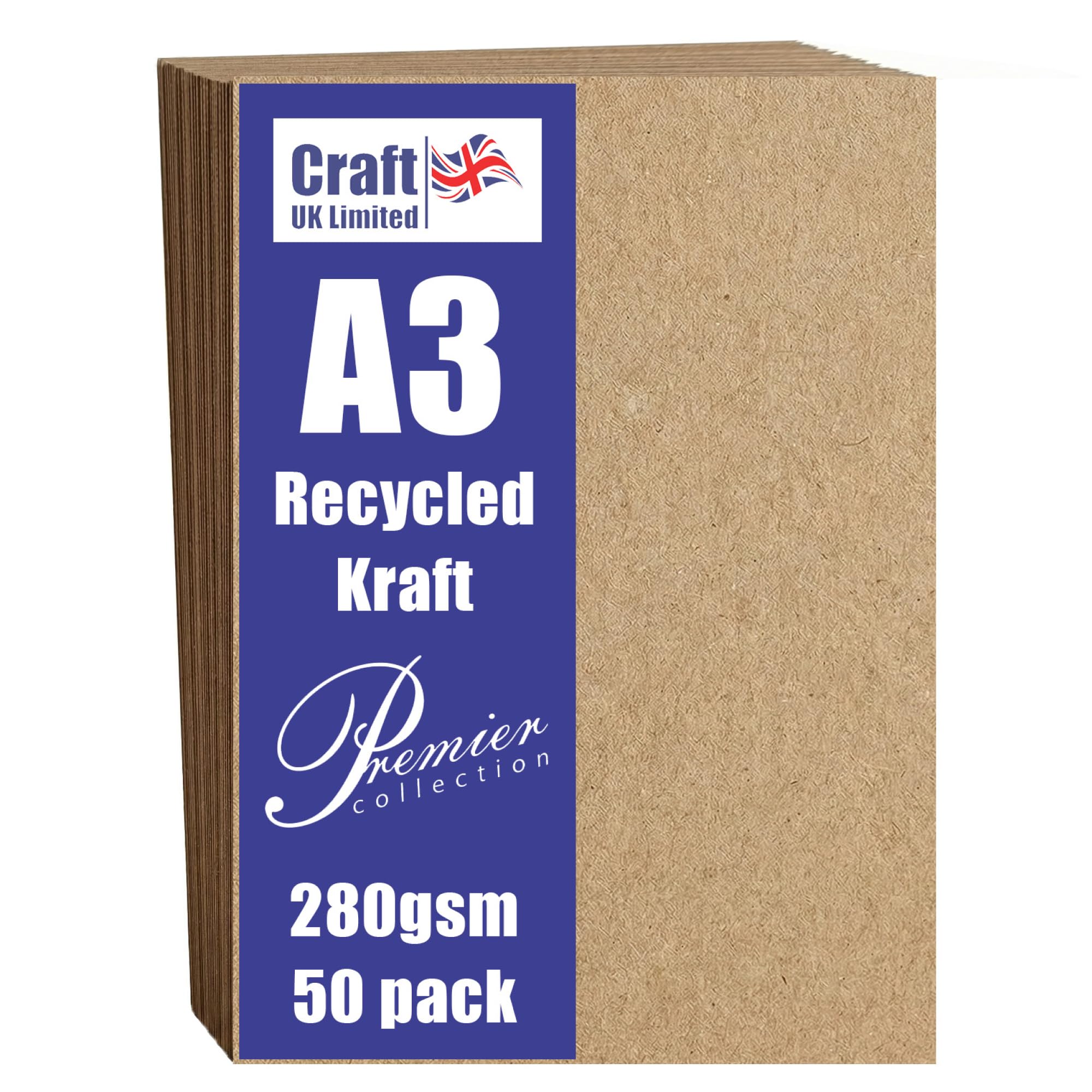 Craft UK, 50 A3 Paper, Kraft Recycled Brown Card Stock for Craft Paper, Invitations, and More, 280gsm, Made in the UK, Lasting Quality