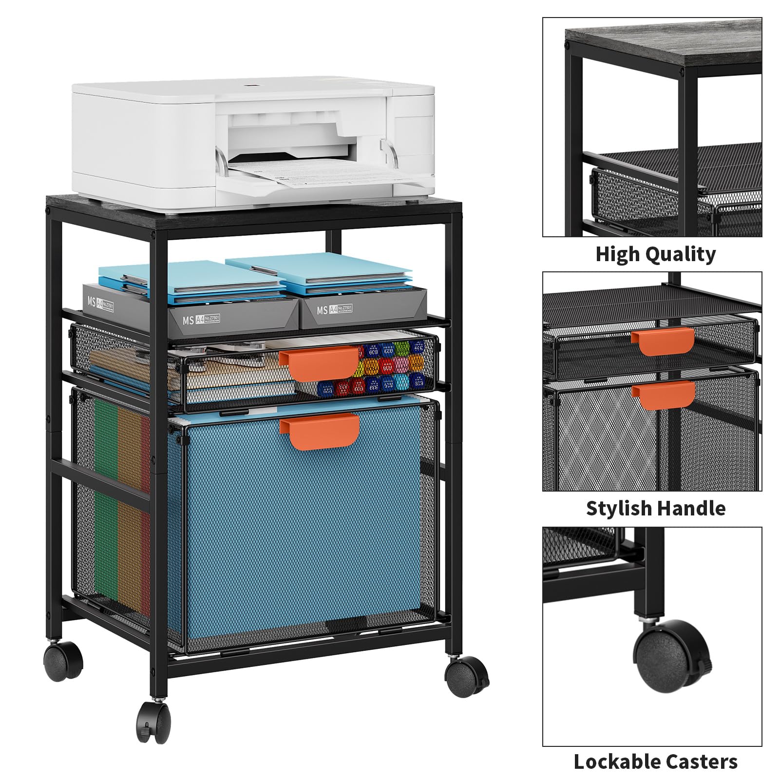 Marbrasse Soporte para Impresora con Almacenamiento,Carrito Grande con Ruedas,Mueble Organizador para Archivador con Cajones,Carrito para Impresora 3D,Teléfono Móvil,Oficina en Casa(Negro)