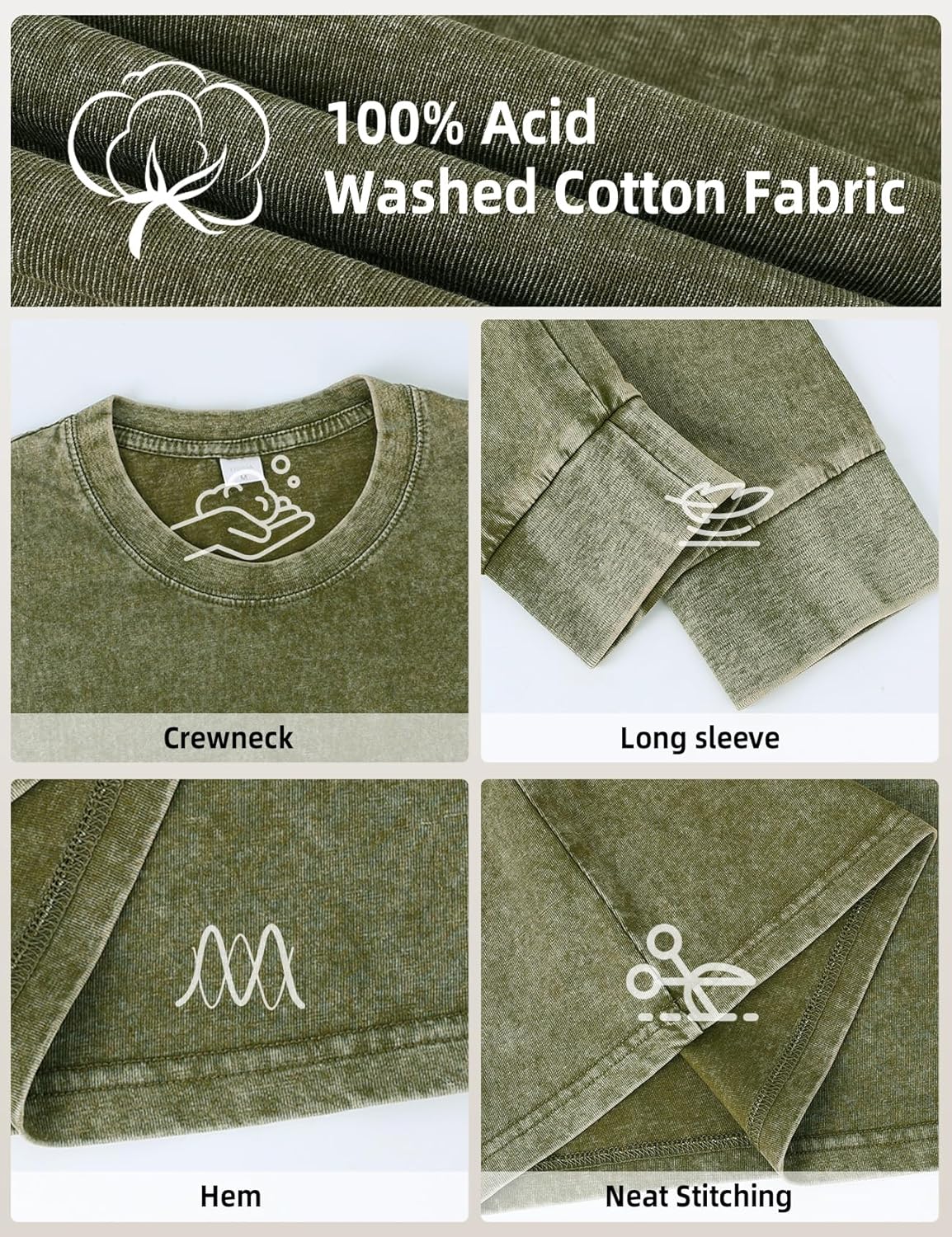 Arssm Mens Oversized T-Shirts Cotton Long Sleeve Tshirts Vintage Acid Wash Baggy Tees - Image 7