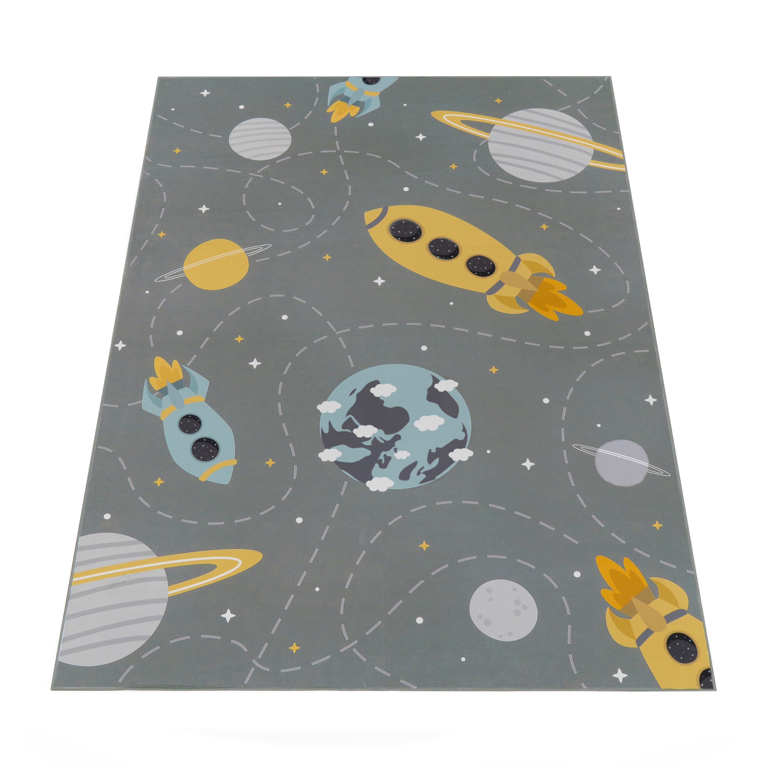 Paco Home Tapis Chambre Enfant Bebe Fille Garcon Antidérapant Etoile Planète Fusée Lavable en Machine Gris Bleu Jaune, Dimension:140x200 cm