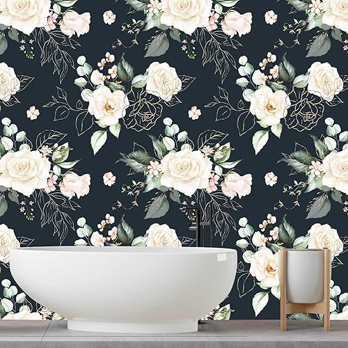 Miniatura 3 de Papel tapiz floral para despegar y pegar, papel de contacto extraíble, hojas de oro negro, fácil de despegar, autoadhesivo, para dormitorio, sala de