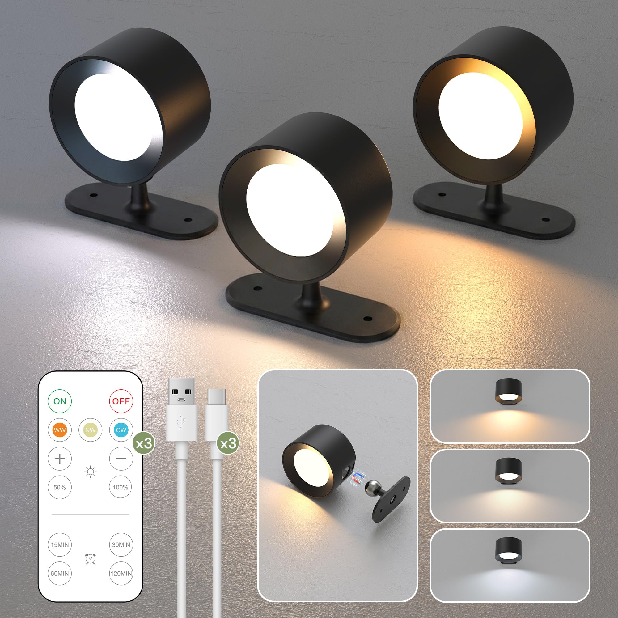 LOHAS Battery Operated Wall Lights 3 Pack, Magnetic 360° Rotating LED Rechargeable Wall Lights, Wireless Wall Sconces with Remote, 3CCT & Dimmable, Wall Lamp for Living Room Corridor Stairs, Black