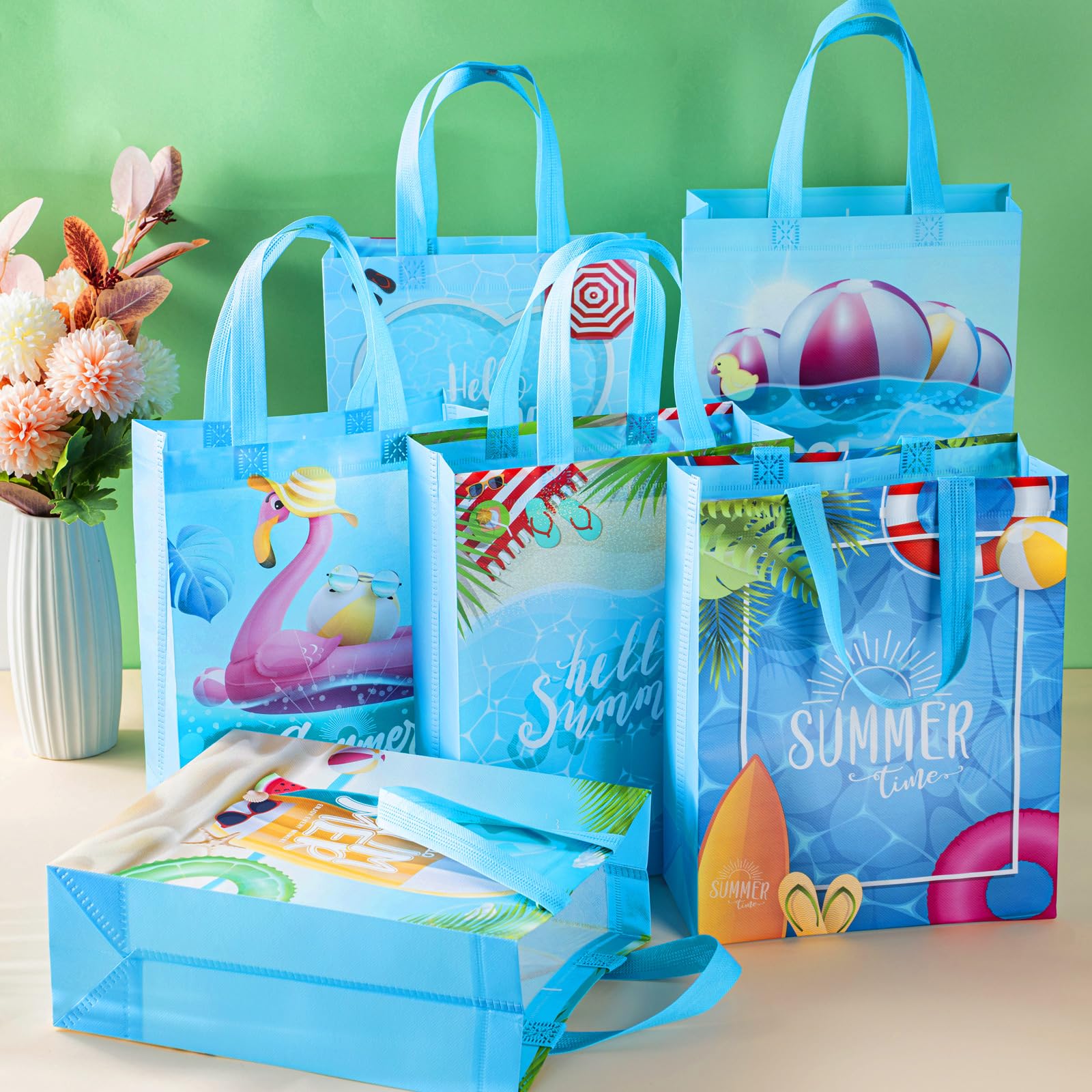 Sweetude 60 Pcs Pool Party Favors Bags Summer Gift Beach Goodie Reusable Summer Beach Pool Theme Non Woven Treat Bags with Handles for Hawaii Party, 12.6 x 9.84 Inch