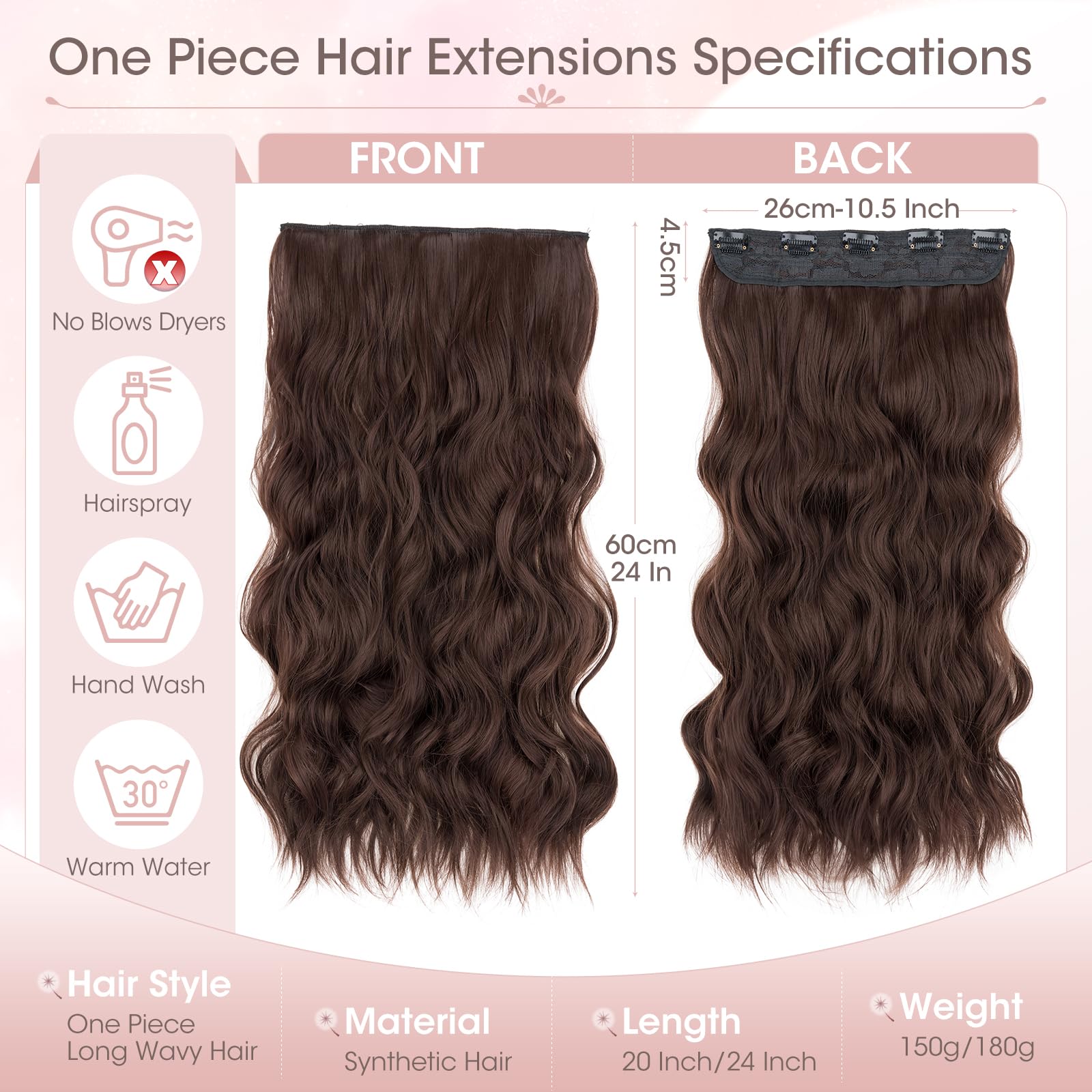 Silk-co One Piece Clip In Hair Extensions Curly 180g Hairpieces 5 Clips Wavy Curly Synthetic 3/4 Half Full Head for Laides and Women 24 Inch(60 cm) Medium Brown - Image 4