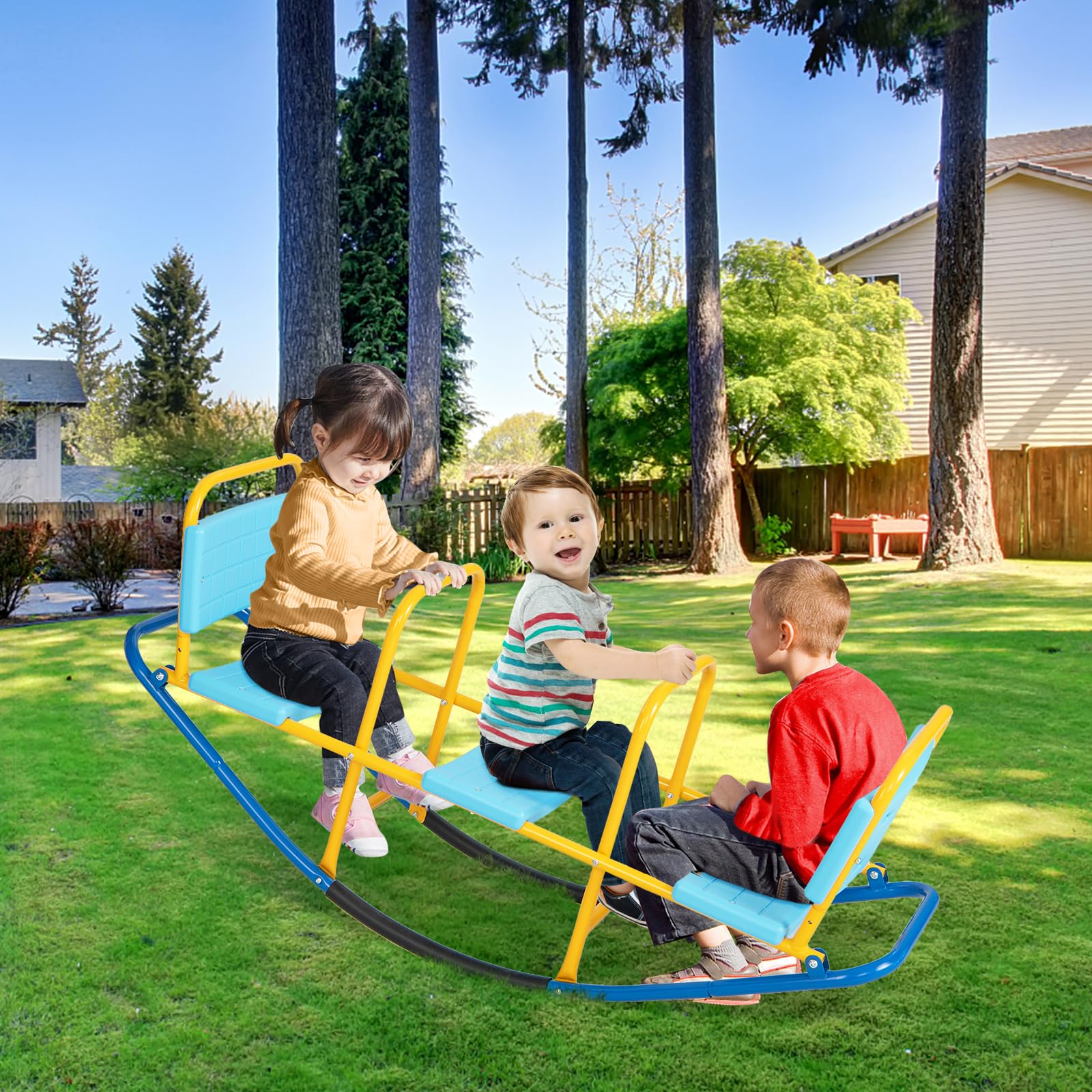 HOMASIS Balançoire à Bascule 3 Places pour Enfants avec Poignées et Dossiers, Bascule de Jardin en Métal Charge 90 kg, Teeter Totters pour l'intérieur et l'extérieur, 136x39x60cm (Blue)