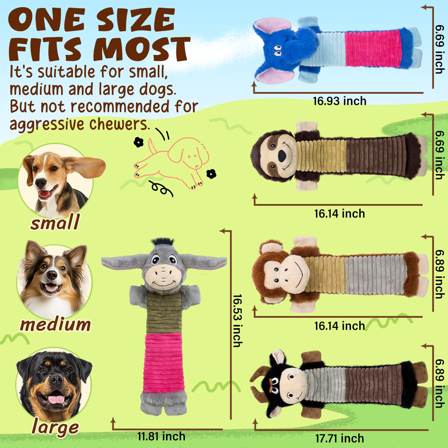 Paquete de 5 juguetes chirriantes para perros sin relleno, masticables para perros con arrugas y chirriantes, lindo peluche de animal para mantenerlos ocupados, adecuados para masticadores