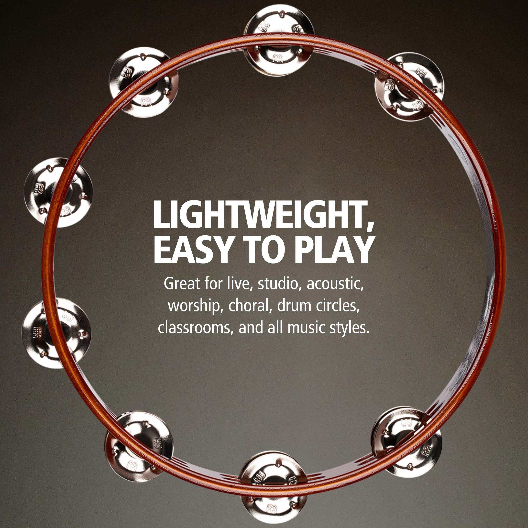 Meinl Percussion TA2AB, Tamburello in legno con doppia Fila di sonagli d'acciaio nel telaio, Diametro 25.40 cm, 10'', marrone