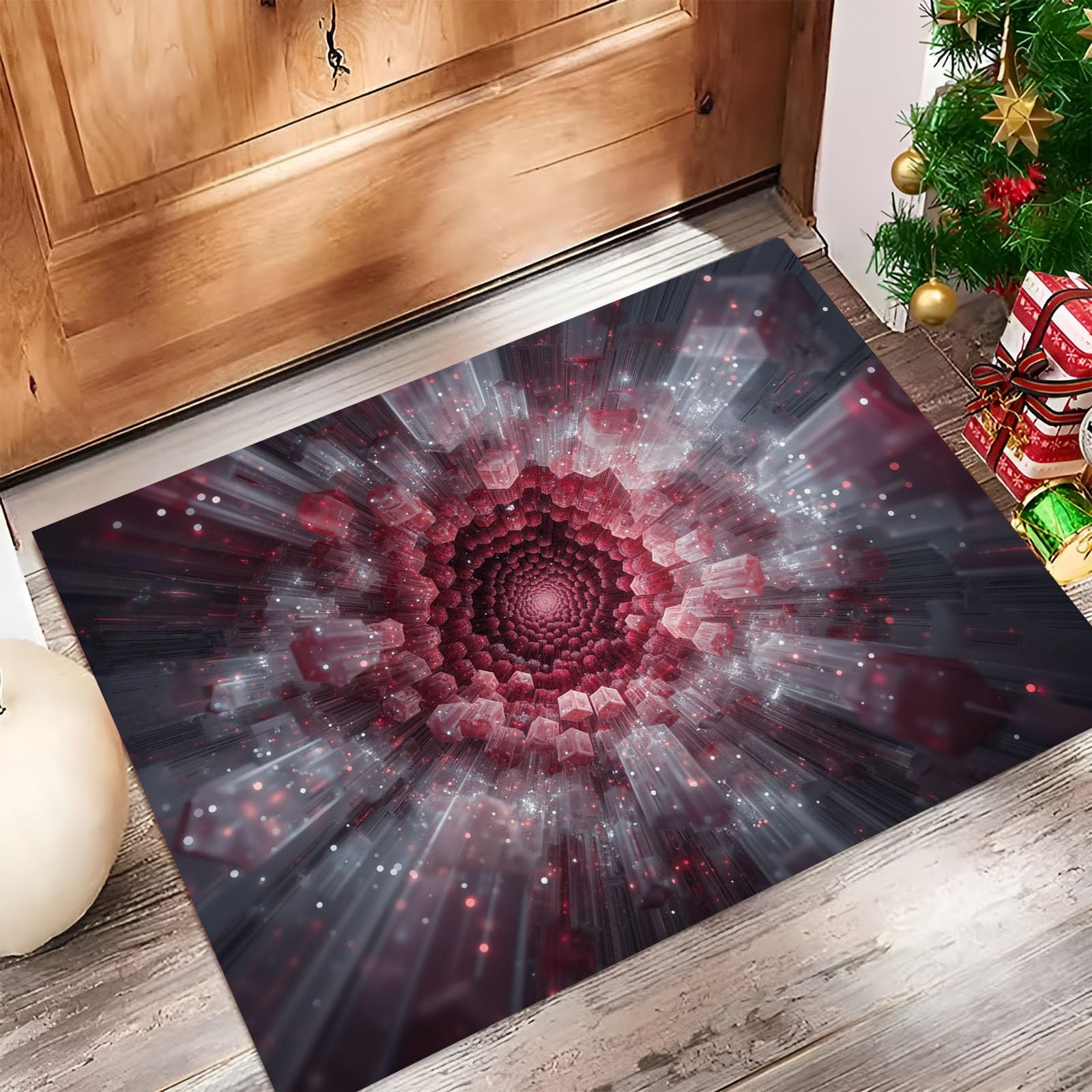 90 x 150 cm, paillasson d'entrée intérieur et extérieur, Tapis à Abstraction 3D Modèle d'explosion, Tapis de Sol résistant à la décoloration, Profil Bas, Facile à nettoyerrouge