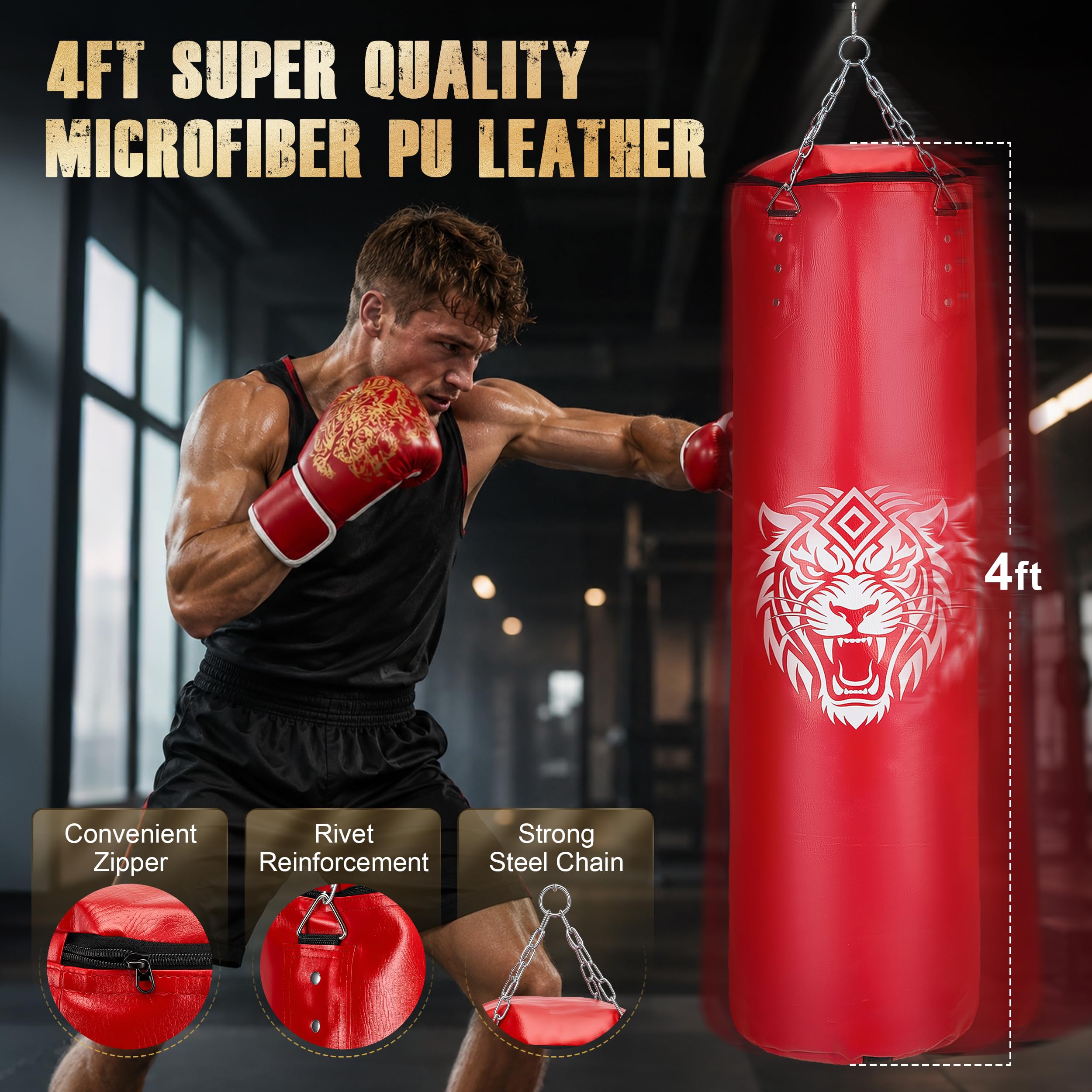 Boxsack Set Erwachsene 120 cm – Schwerer Boxsack mit 10 oz Boxhandschuhen, Griffkrafttrainer, Springseil, Reflexball, Handwraps, Deckenmontage – Komplettset für Heimtraining MMA Karate