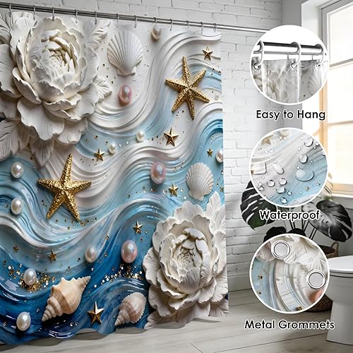 Miniatura 3 de DDQQ Cortinas de ducha con moquetas con ondas 3D y estrellas de mar con alfombras, conchas y detalles de perlas, juego de baño con cortina de ducha