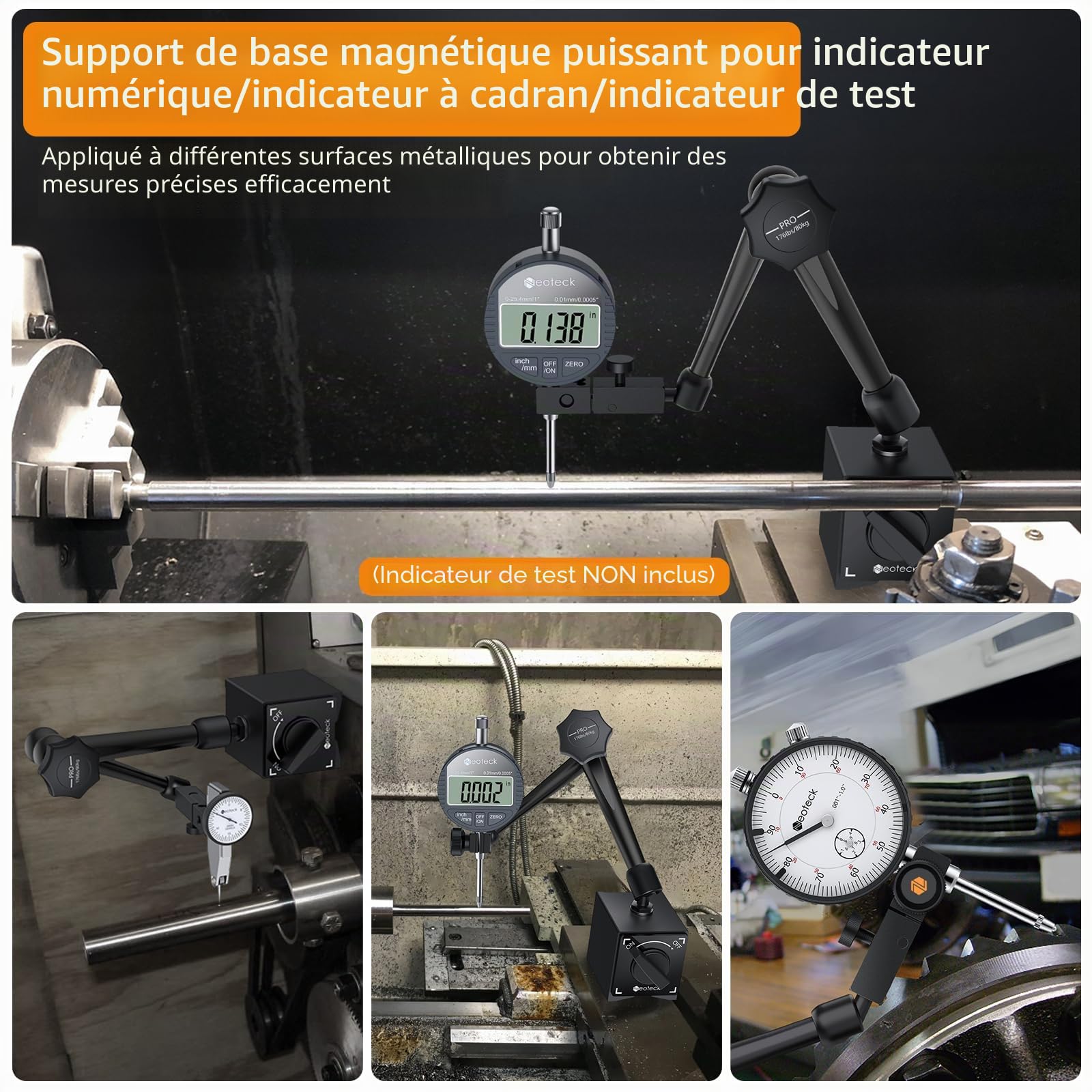 Neoteck 80KG Base Magnétique avec Bras Articulé pour Indicateur Numérique ou à Cadran – Support en Acier avec Interrupteur ON/OFF – Pour Usinage et Mesure de Précision - Noir