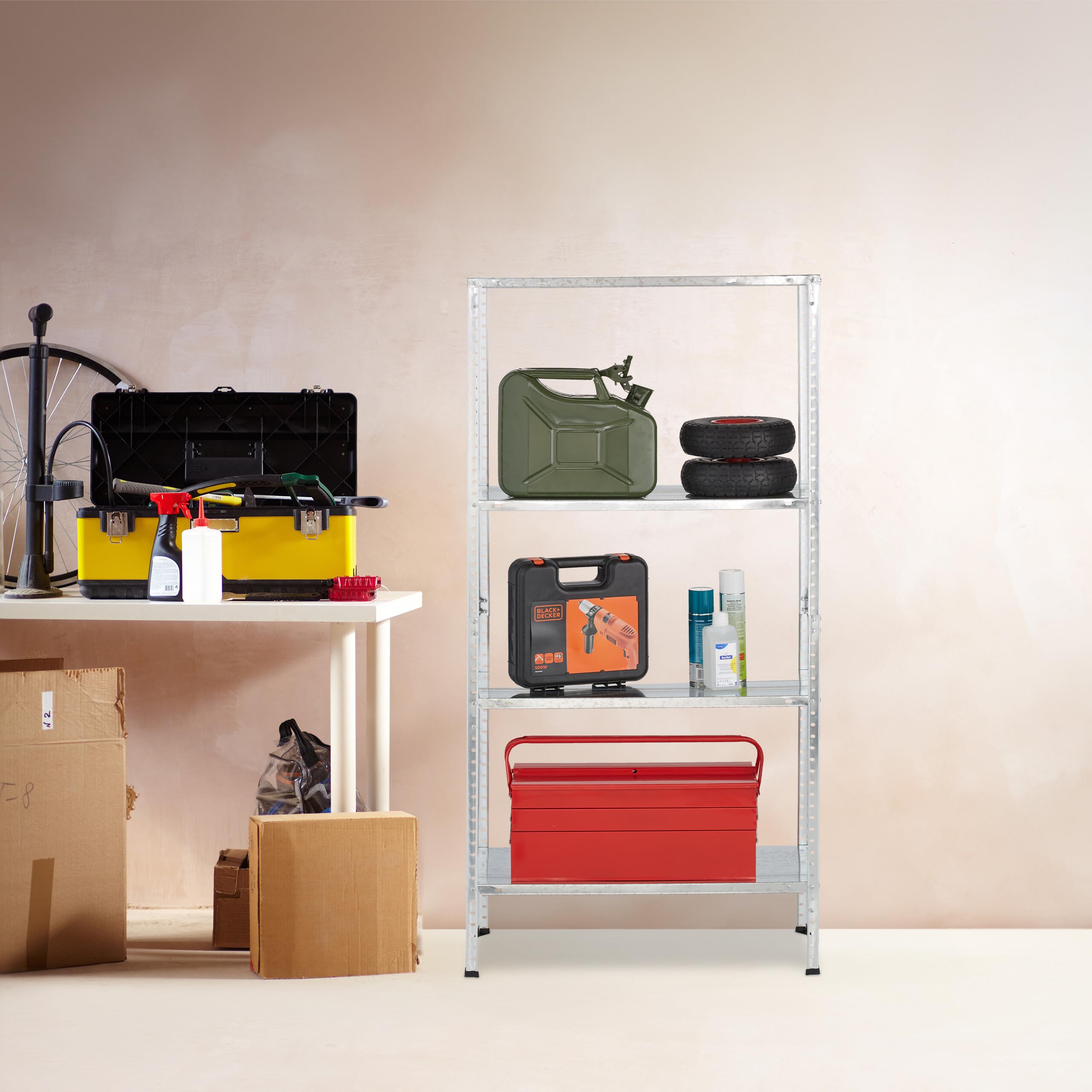 Relaxdays Rangement en métal, 4 Niveaux, Jusqu’à 160 kg, Acier, Stockage pour Le Garage, HxLxP : 150x75x30 cm, argenté