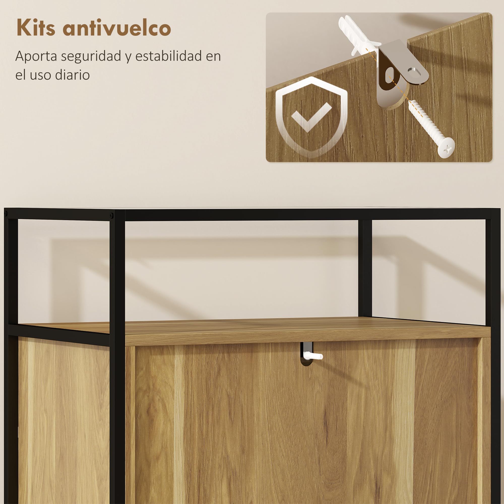 HOMCOM Cómoda 4 Cajones Superficie Vidrio Transparente 60x40x94,5 cm Teca | Estante Abierto, Cómoda Dormitorio, Estructura de Acero, Cajonera para Salón, Oficina