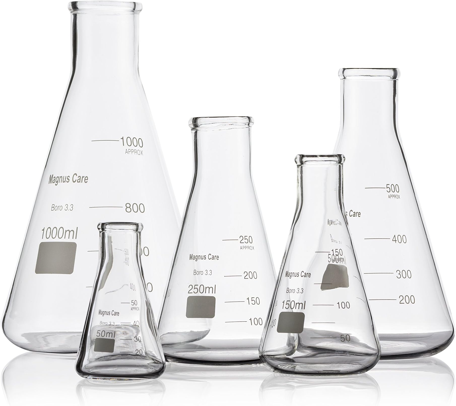 Magnus Care Glass Erlenmeyer Flask 5 Piece Set 50, 150, 250, 500, & 1000ml