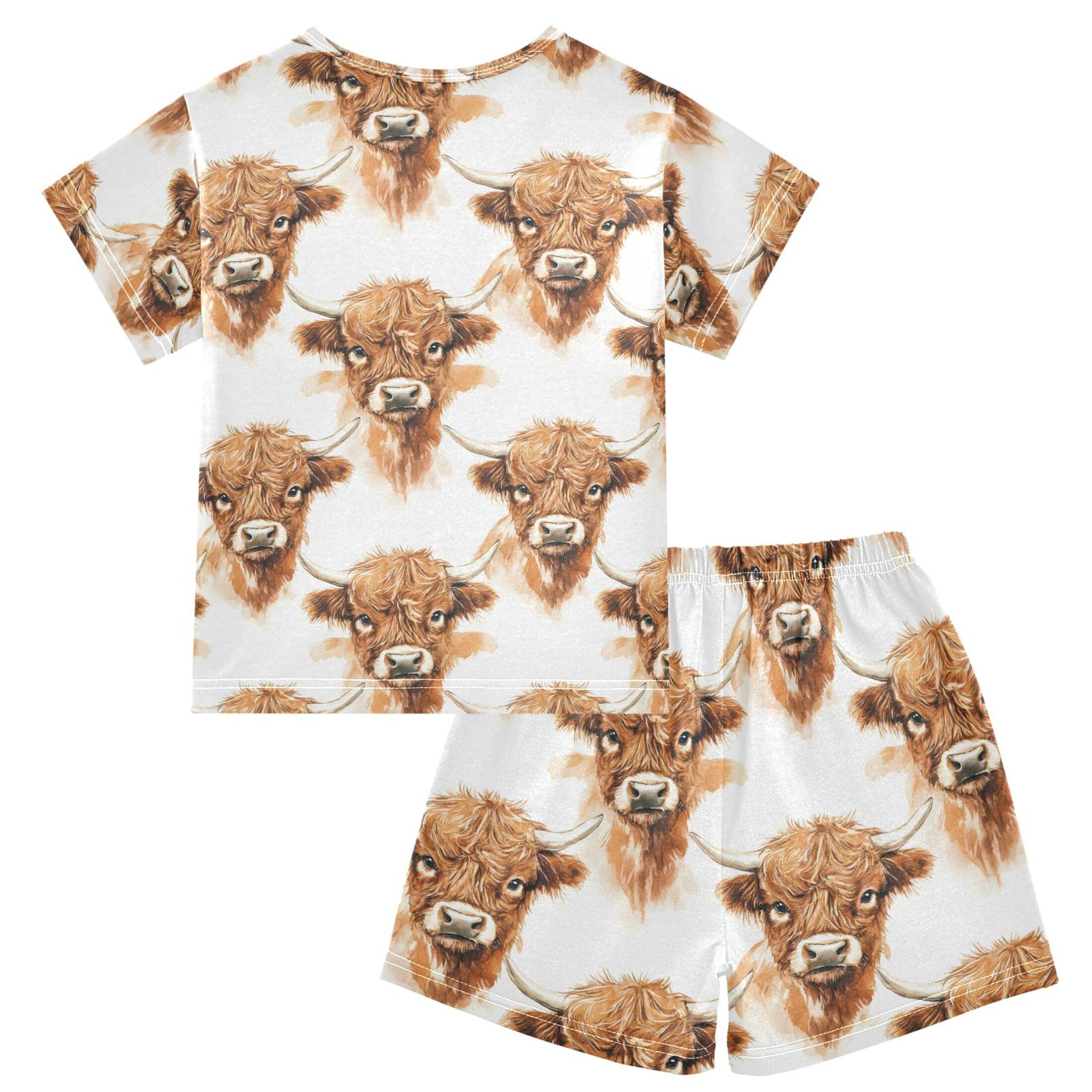 UMIRIKO Highland Cow Animal Short Sleeve Pajamas Set Sleepwear PJs Nightwear B0403707