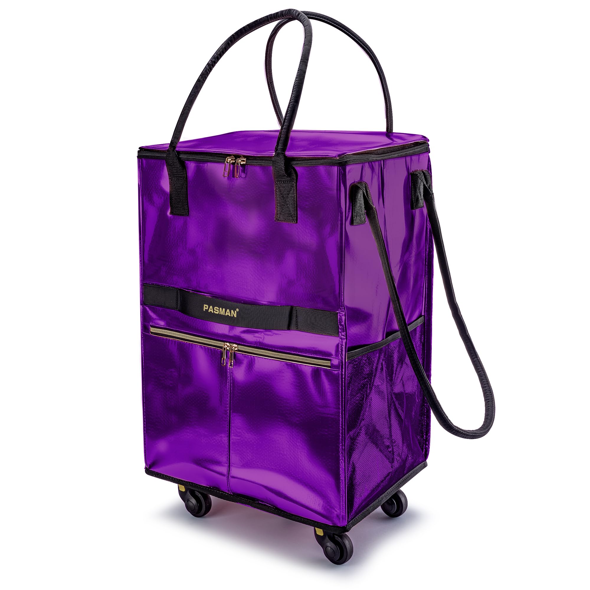 PASMAN Reusable Foldable Rolling Grocery Bag on 5 Wheels,Large,Purple