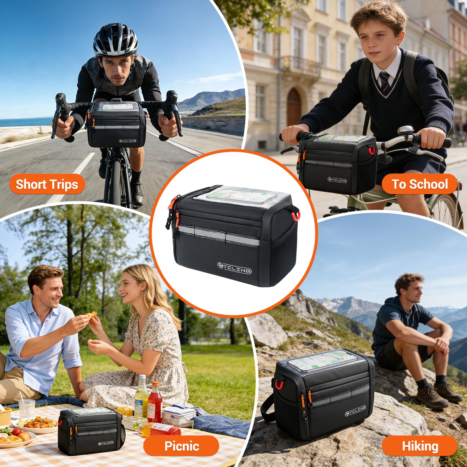 Borsa Manubrio Bici, 5L Borsa da Manubrio per Bicicletta con Tracolla Regolabile, Schermo Touch, Termica e Impermeabile, Accessori Bici per MTB, Bici da Corsa, e-Bike