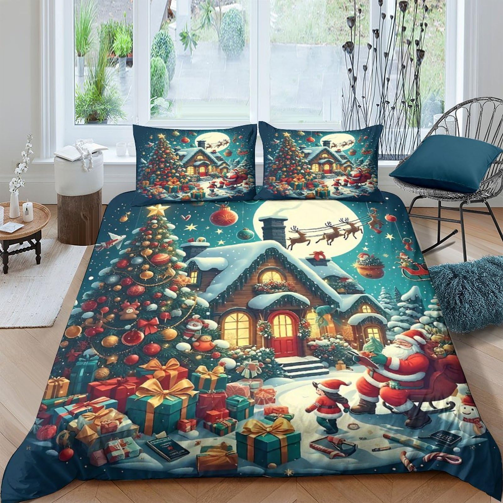 Housse de couette Père Noël 3D King 220x240cm avec 2 taies