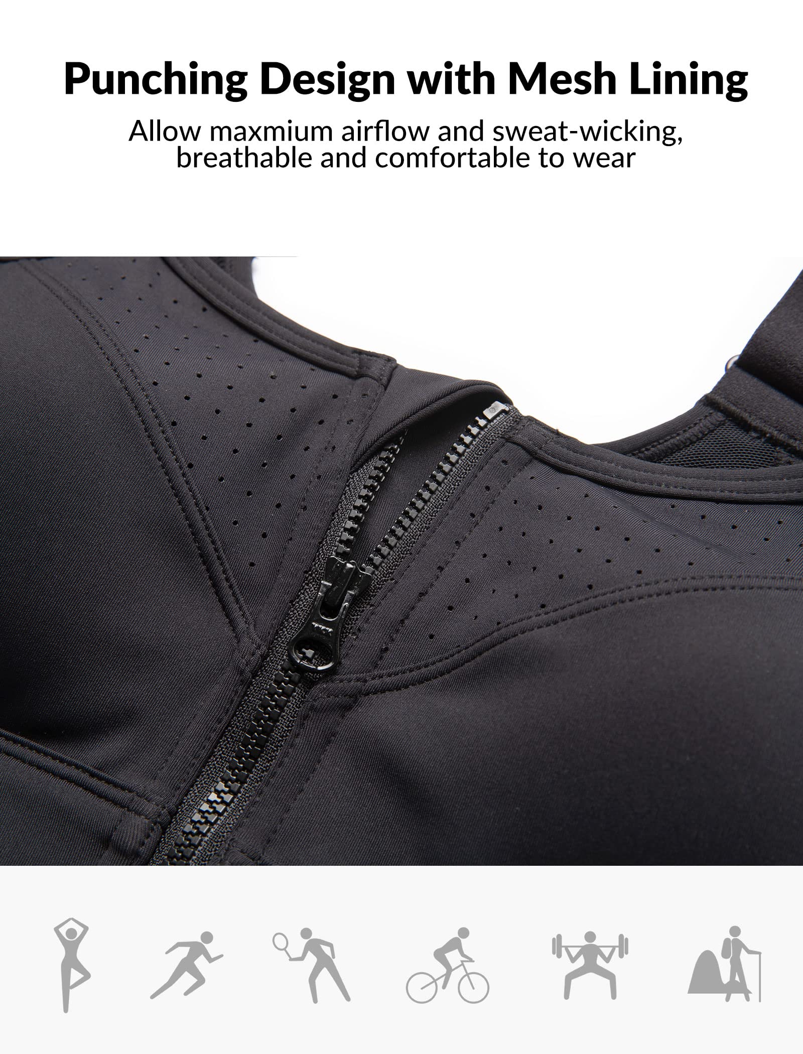 Yvette Soutien-gorge de sport réglable pour femme - Fort impact - Fermeture éclair sur le devant - Grande taille - Sans armature - Pour la course à pied et l'entraînement, noir, L grande taille