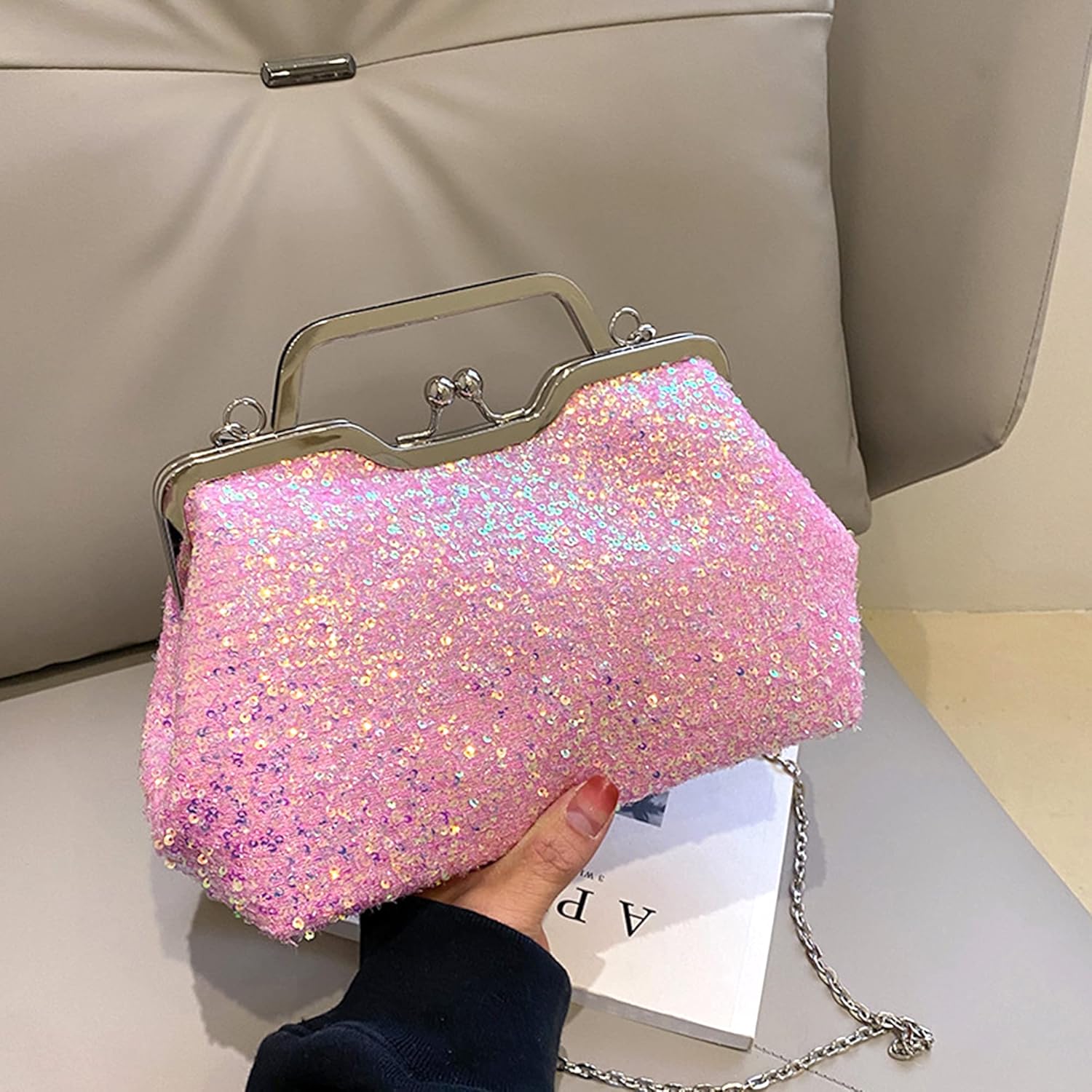 Sparkly Sequin Women's Crossbody Bag, Evening Clutch Purse with Chain Strap, Kiss Lock Closure for Party Wedding Prom