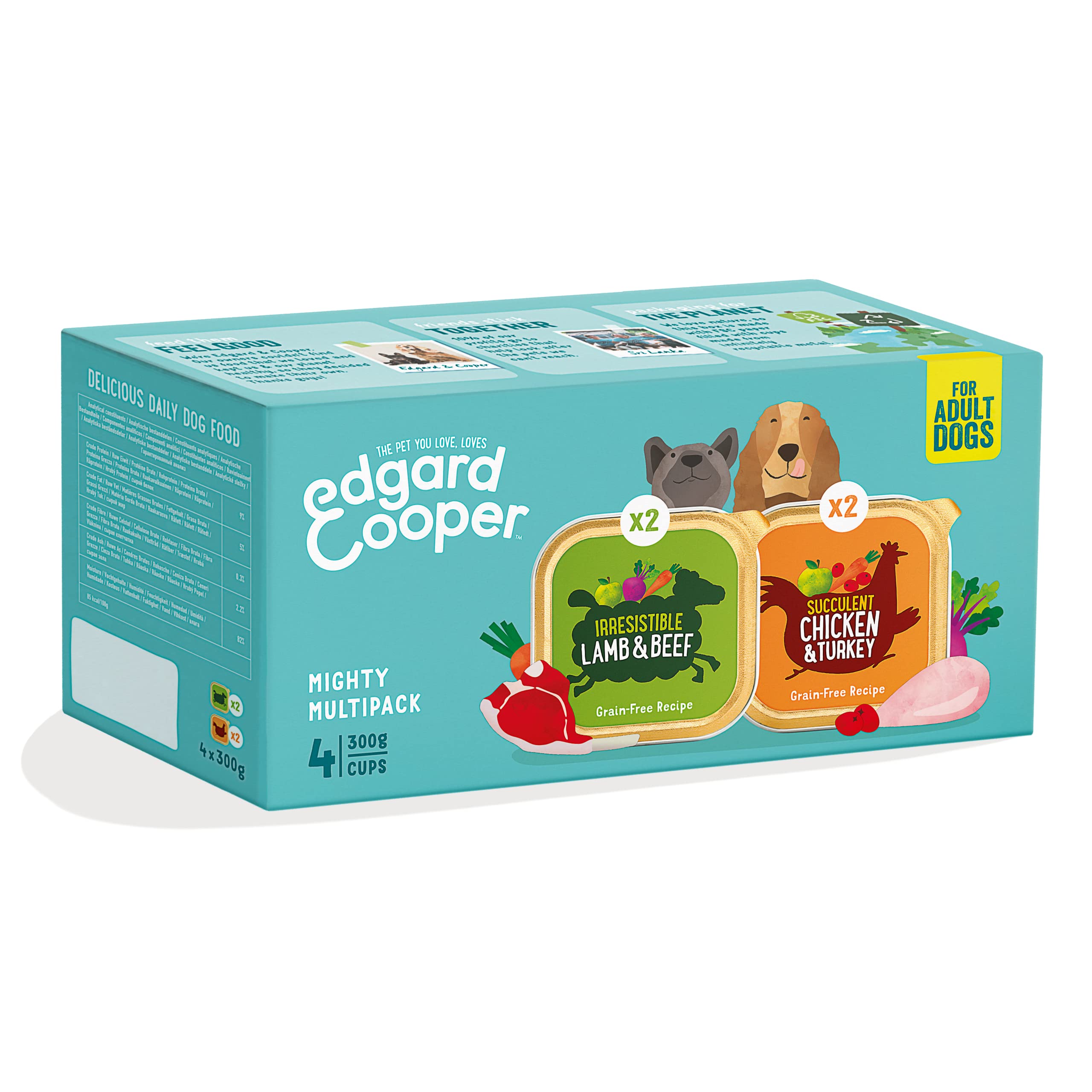 Edgard Cooper Adult Wet Dog Food Cups Multipack, Lamb-Chicken, 4 x 300g - Fresh meat, Hypoallergenic, Salmon with Tasty Fresh Meat, High Protein Natural Ingredients