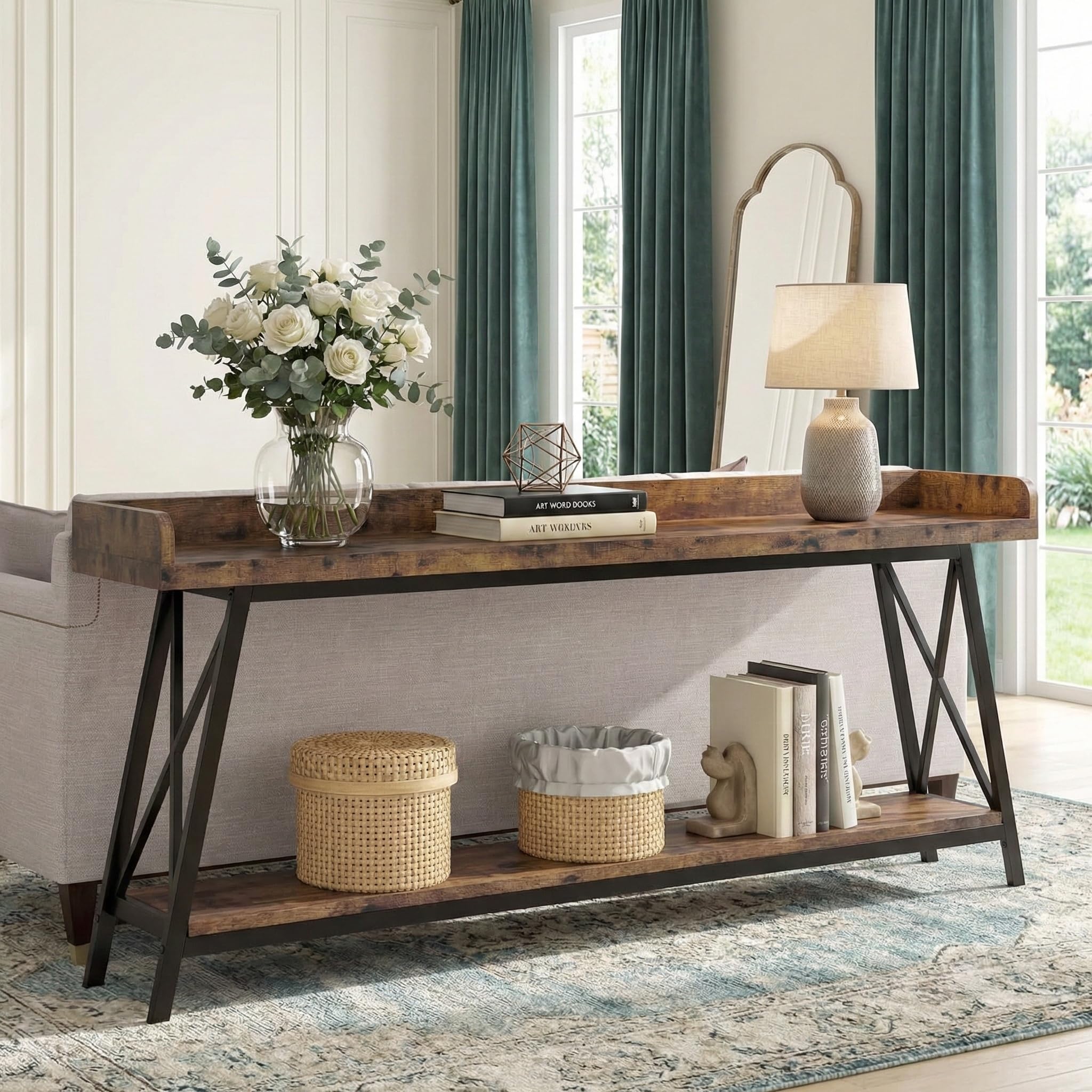 Lailang 180cm Mesa de Entrada, Mueble Recibidor Entrada, Consola de Entrada, Mesa Madera, Mesas Auxiliares Salon, Mueble Pasillo Estrecho, 180 x 46 x 20 cm, Marrón Rústico
