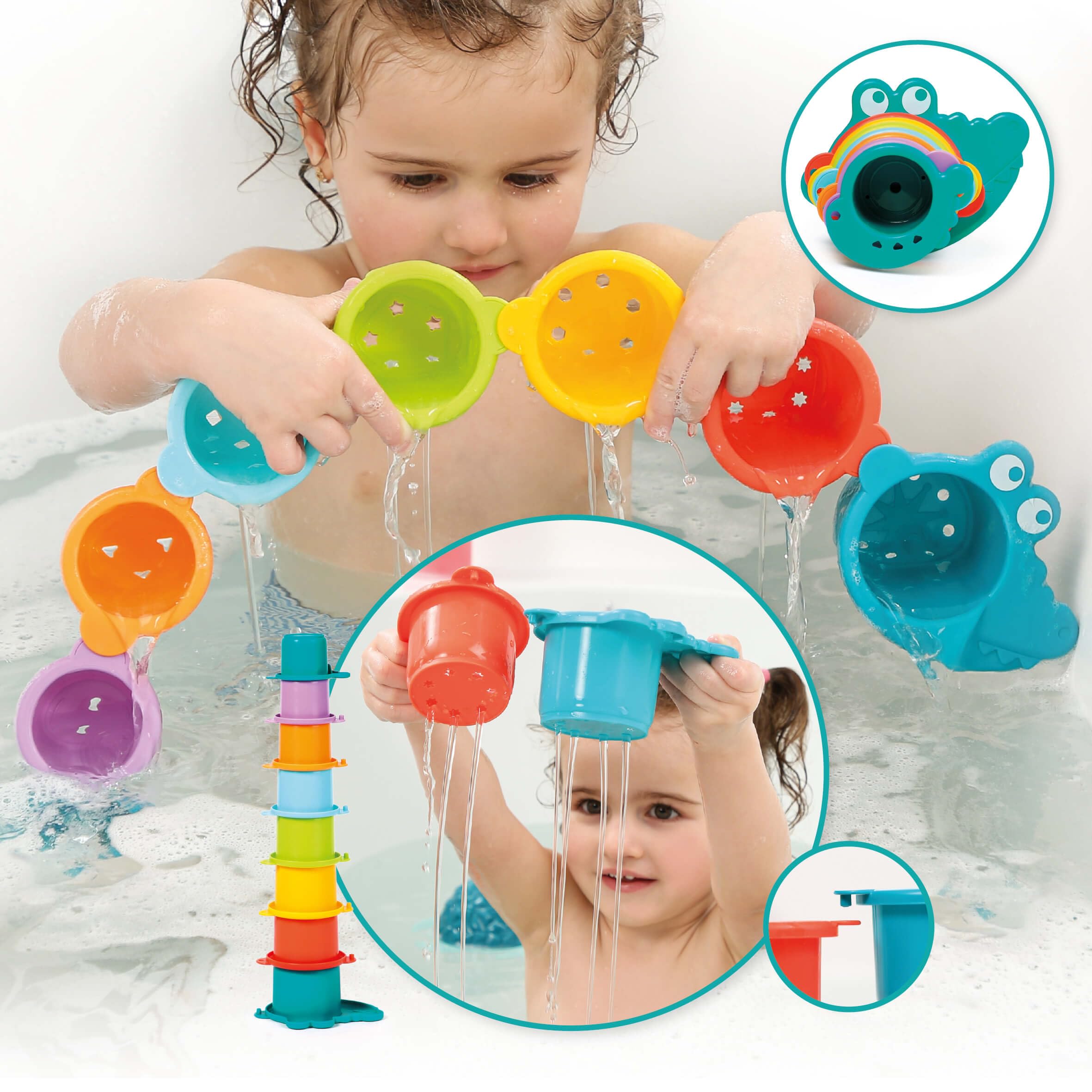 LUDI – Coffret de Bain XXL – 16 Jeux d’Eau interactifs – Toboggans, Tortue Lumineuse et Cups Pluie – Développe motricité et Coordination – Dès 10 Mois