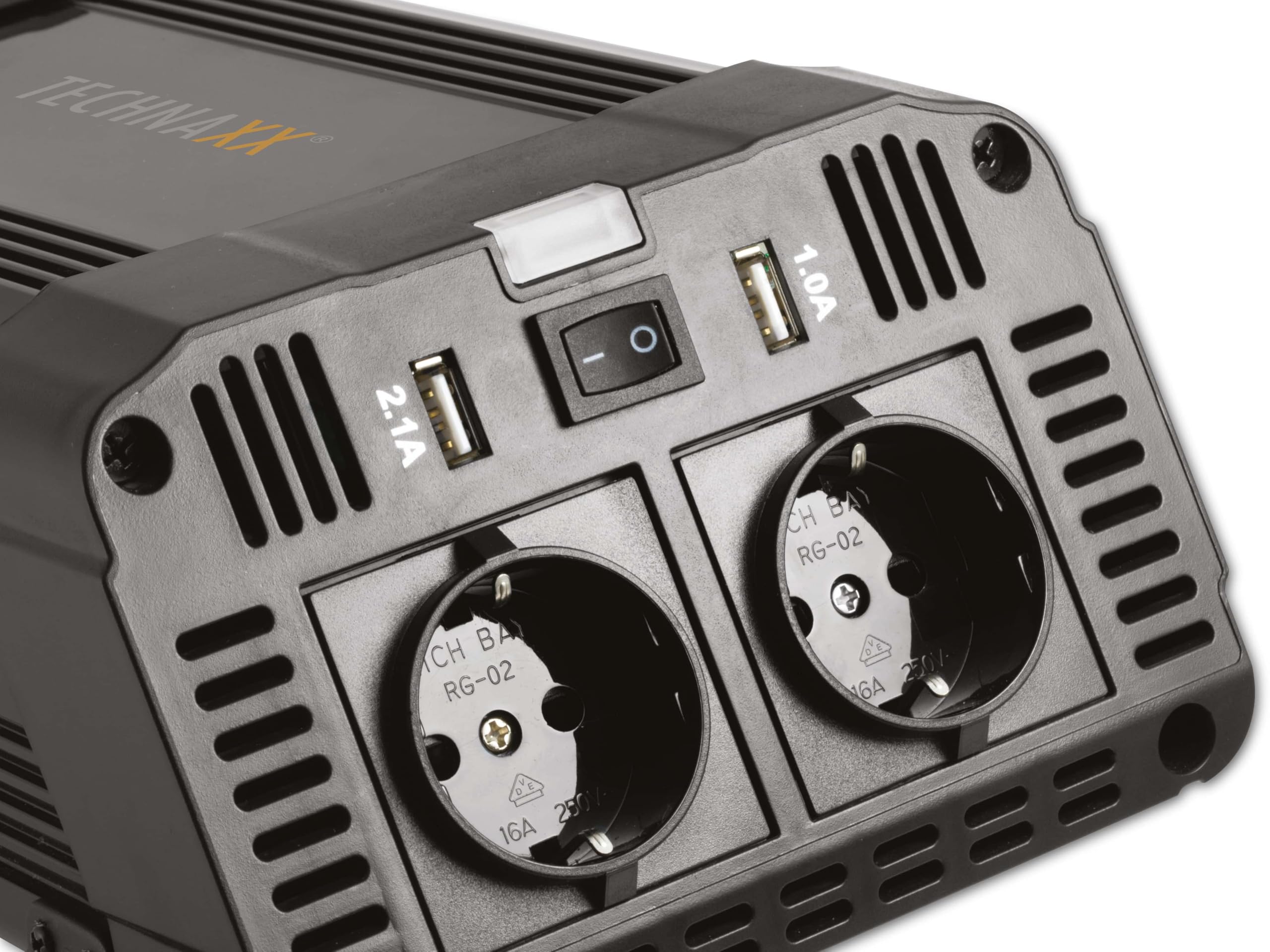 Technaxx Falownik samochodowy 12 V na 230 V – certyfikowany przez TÜV Rheinland inwerter samochodowy z 2 wtyczkami Schuko i 2 x portem USB – Power 1200 W / 2400 W (końcówka) – przetwornica napięcia