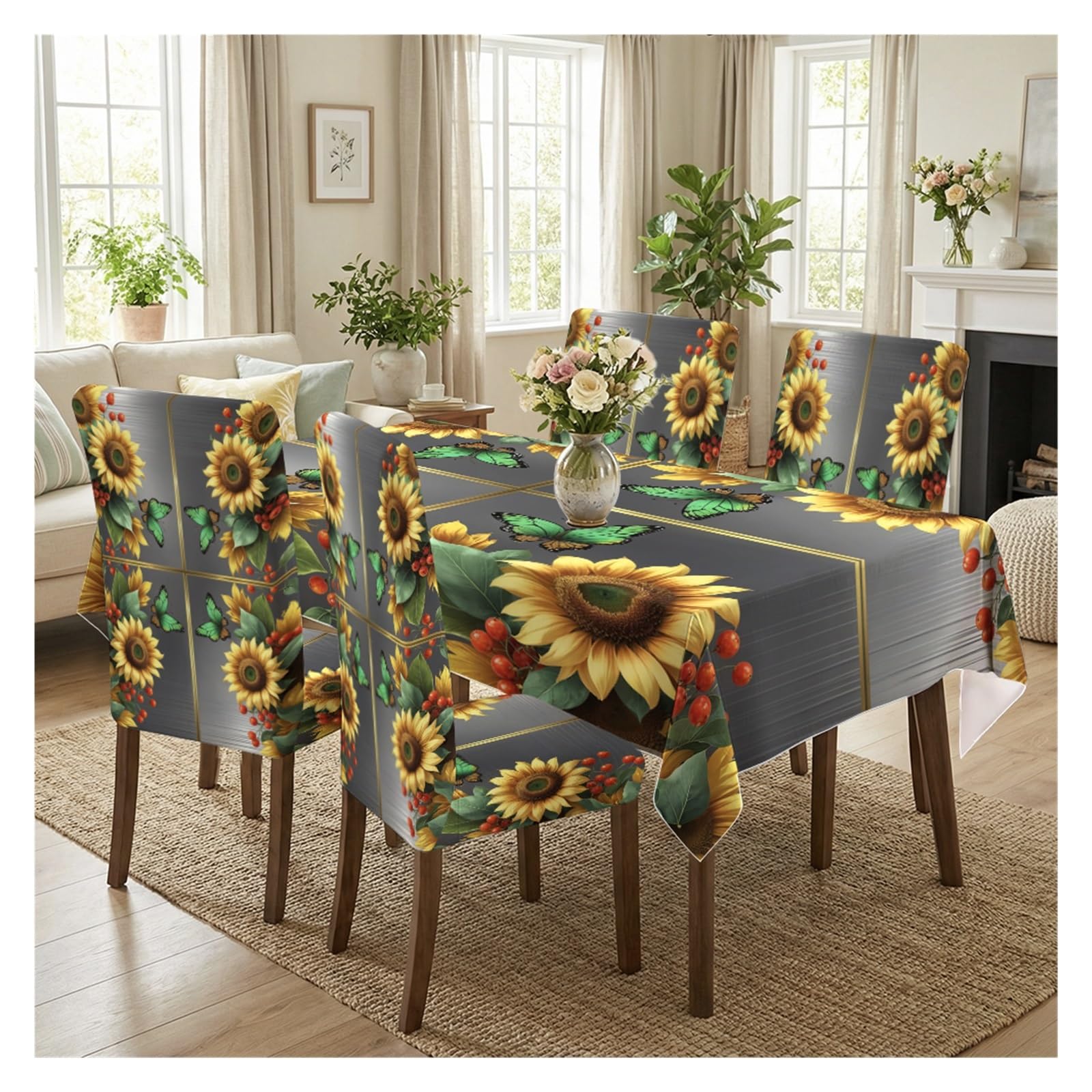 KXUAUV Sunflower & Butterfly Print Stretch Dining Chair Covers & Tablecloth Set, 5/7 Pack Party Decor(5pcs Set: Tablecloth+Chair Covers)