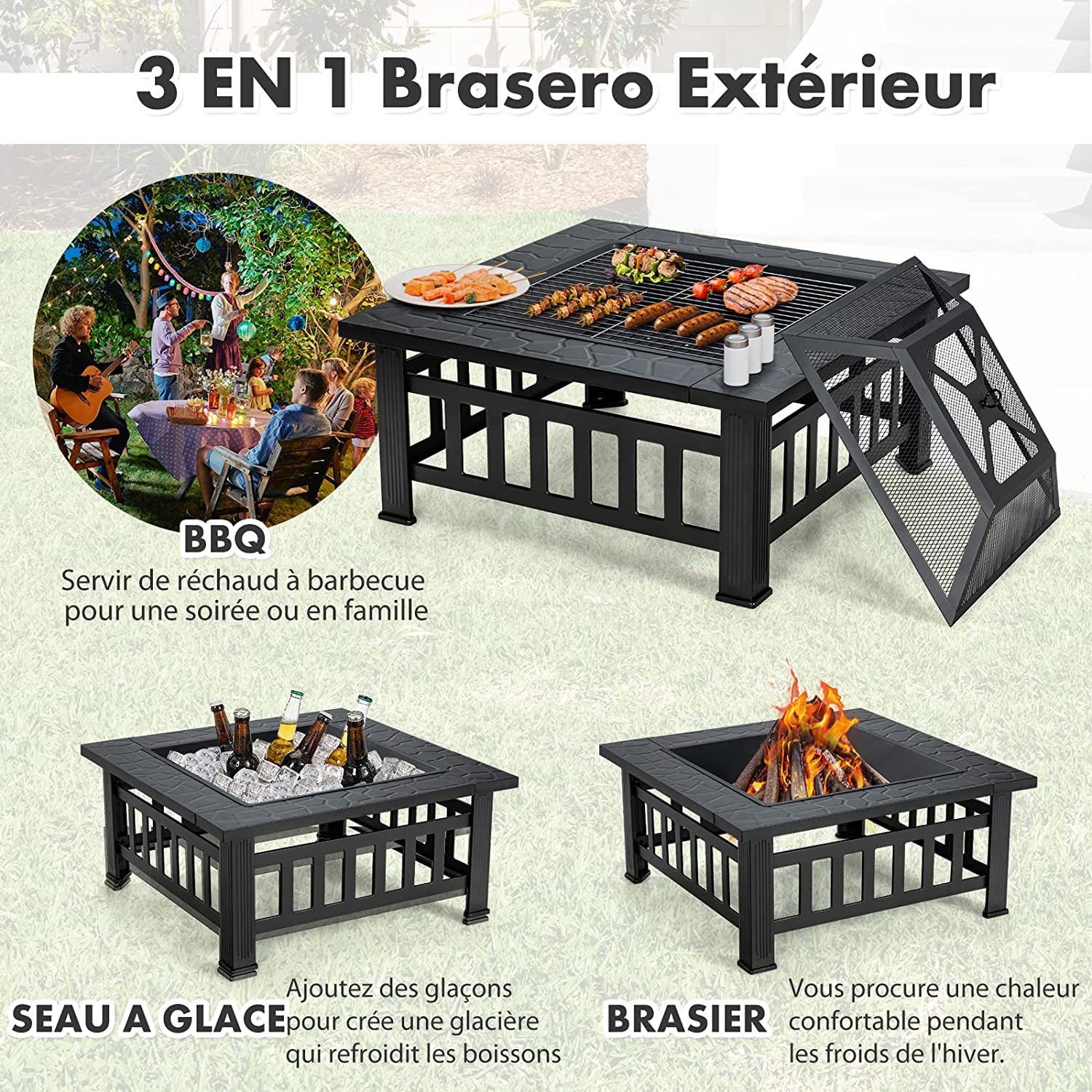 GOPLUS Brasero de Jardin Carré en Fer,Table de Foyer Maille et Couvercle Pare-étincelles avec Tisonnier Long,Grand Bac de Rangement pour Chauffage et Barbecue Glacière 81x81x50cm (Noir)