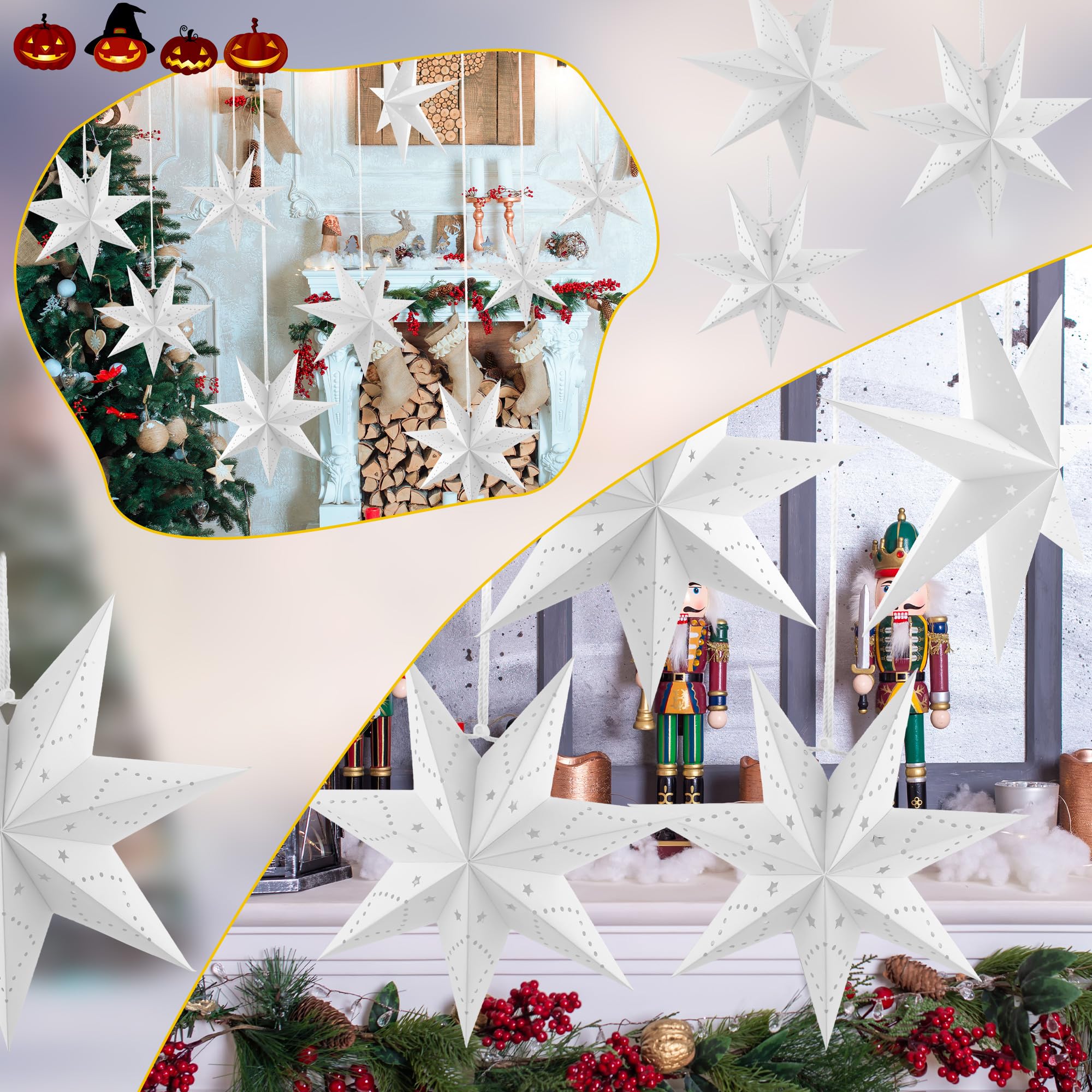 Confezione da 16 stelle di carta 3D a forma di stella di carta 3D, a 7 punte, bianche, da appendere, paralumi per Natale, matrimoni, feste di compleanno, decorazioni per la casa, 4 dimensioni