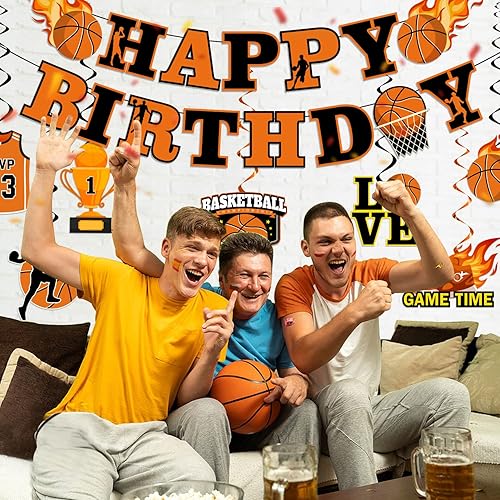 Miniatura 2 de Decoraciones de fiesta de baloncesto, pancartas de feliz cumpleaños y decoraciones de remolino colgante de baloncesto, suministros de fiesta de