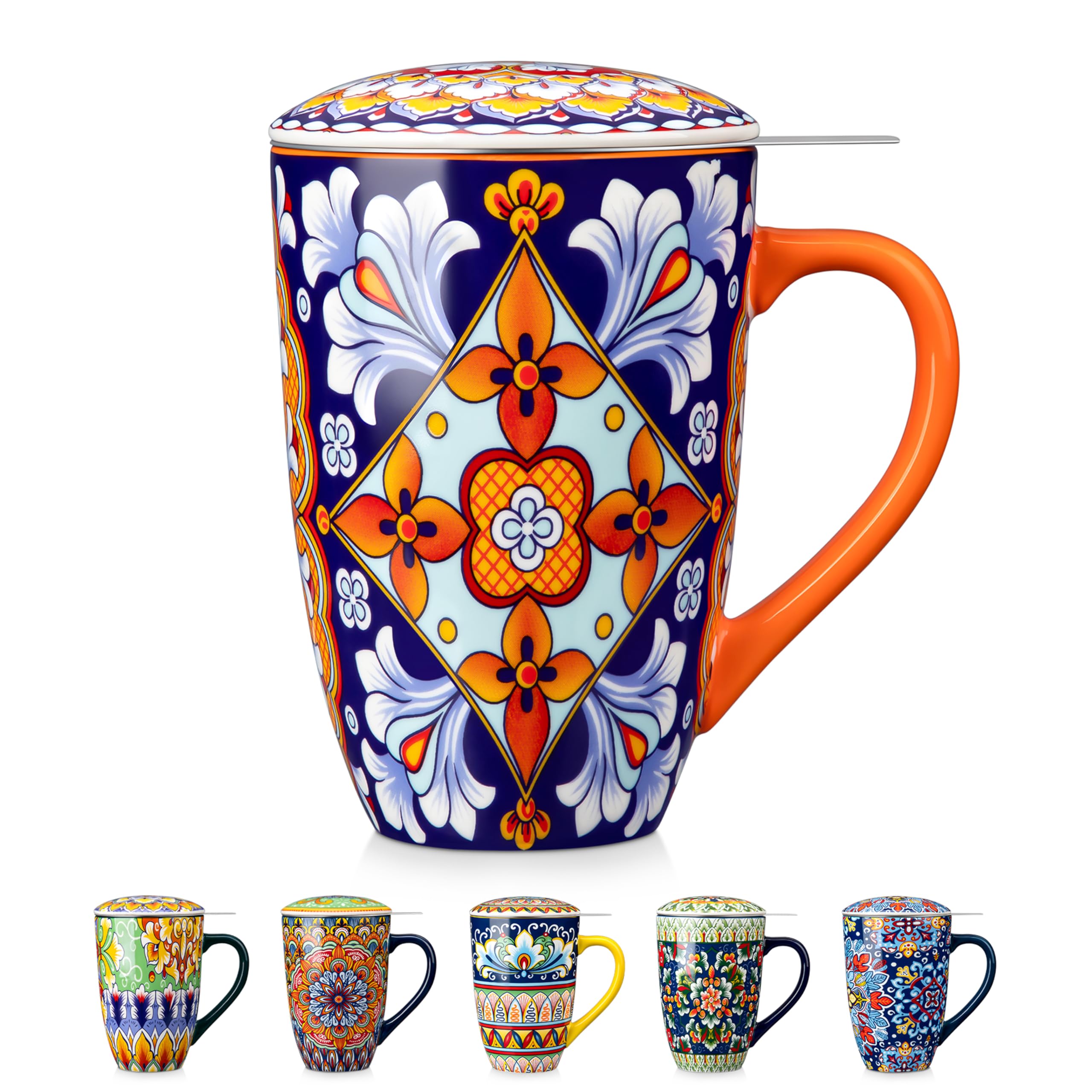 vancasso Ceramic Tea Cup with Stainless Steel Infuser & Lid, 530ml Large Tea Mug for Loose Leaf Tea, Heat Retaining, Microwave & Dishwasher Safe – Navy Baroque — image 1