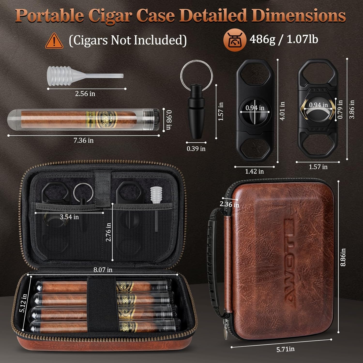 travel cigar humidor case, portable cigar bag with 4 cigar tubes, leather cigar case include straight cutter, v cutter, hole puncher, gift set for cigar lovers, lighter not included (brown)