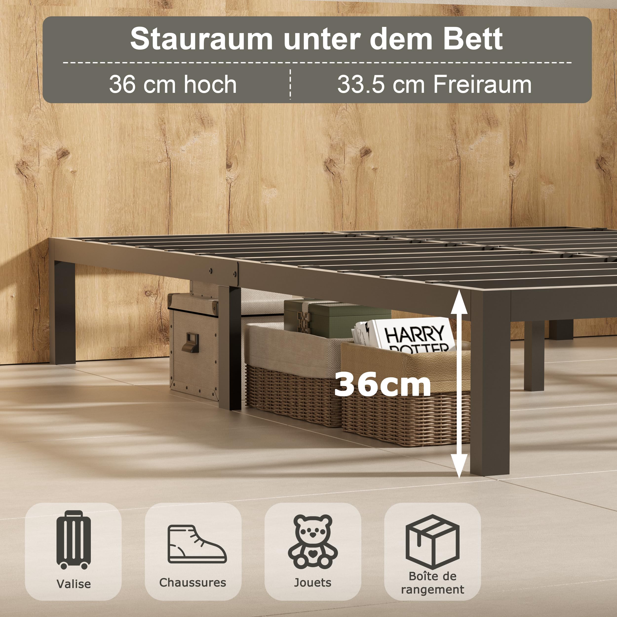 DEWINNER Cadre de Lit 160x200 avec Sommier | Sommier 160x200 avec Pieds | Cadre en Métal | Hauteur de 36cm | Espace de Rangement au Dessous | Montage Facile | Lit Deux Places