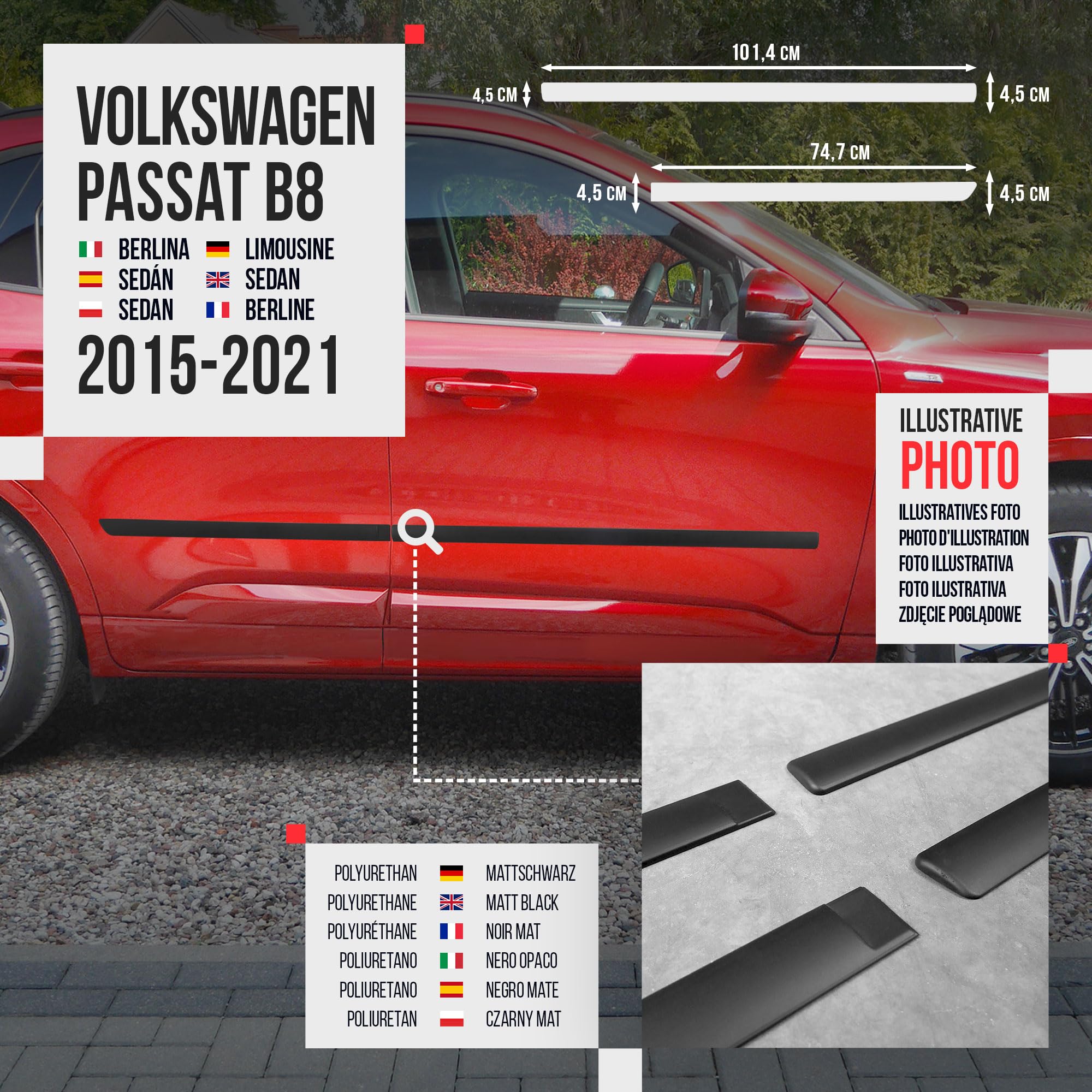 CHROMEMASTER | Listwy boczne drzwi | Kompatybilne z VW Passat B8 Sedan 2015-2021 | Poliuretan, Kolor Czarny | Listwy Boczne Zabezpieczają Drzwi Samochodu Przed Uszkodzeniem