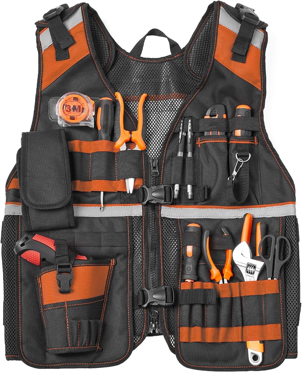 Electrician Tool Vest for Men, Reflective Safety Work Vest with Adjustable Thick Straps, Removable Phone Holder for Electrical, Carpenters, Construction, 22 Pockets