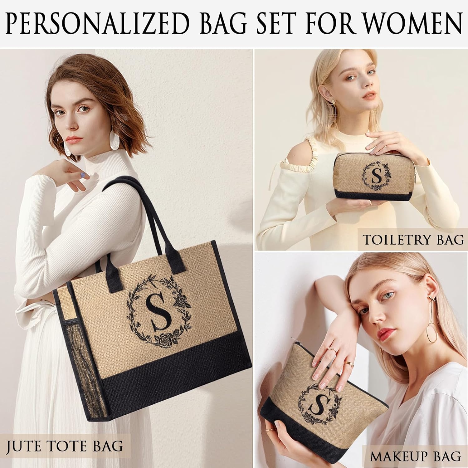 Personalized Gifts for Women Tote Bag, Initial Jute Tote Bag & Makeup Bags Monogrammed Beach Bag w/ Zipper, Birthday Valentines Day Gifts for Women Her Friends Mom Daughter Sister Girlfriend Teacher - Image 3
