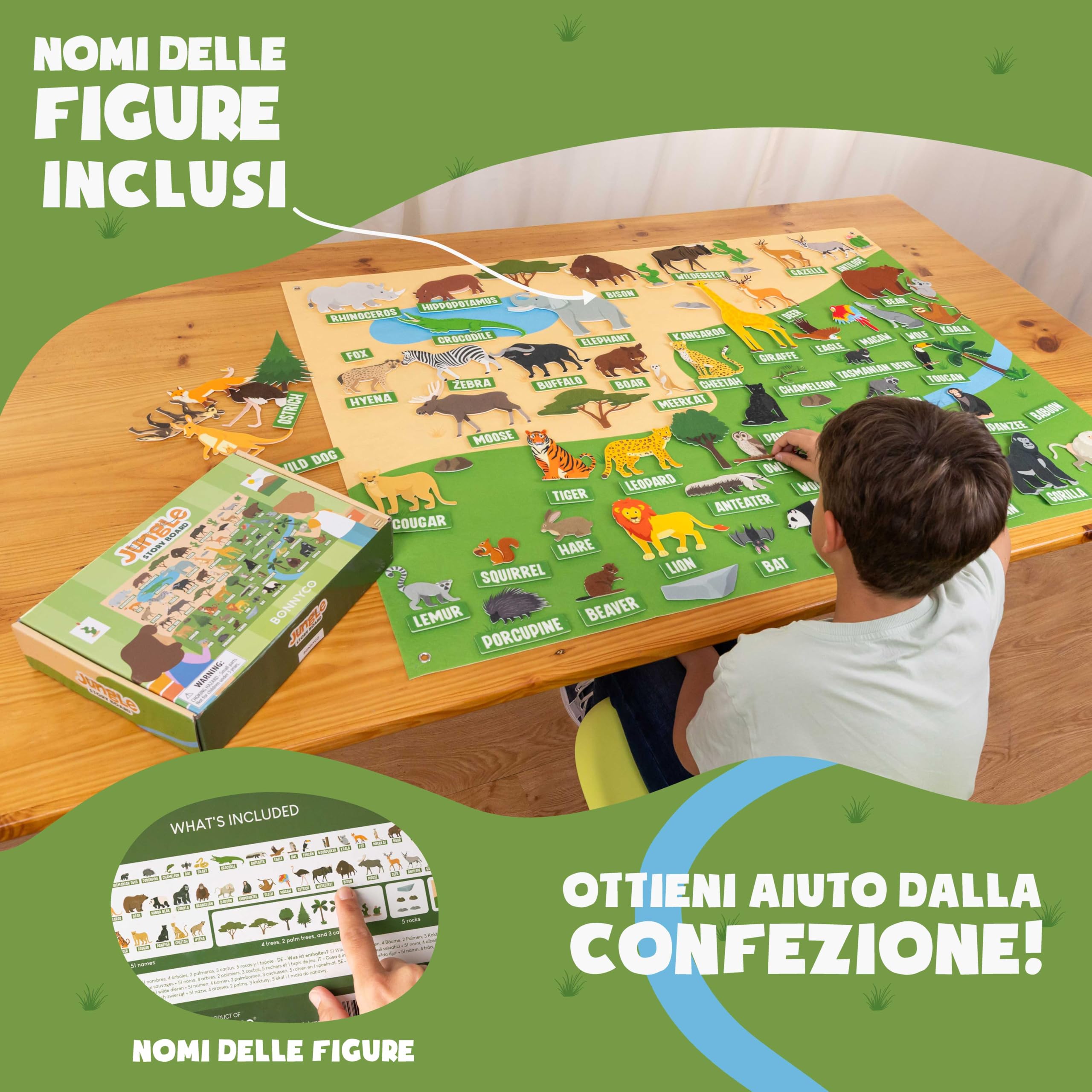 BONNYCO Lavagna di Feltro con 116 Figure di Animali della Giungla. Giochi Montessori e Regalo Compleanno Bambini dai 3-8 Anni. Pannello Sensoriale per Autismo, Giocattoli Educativi