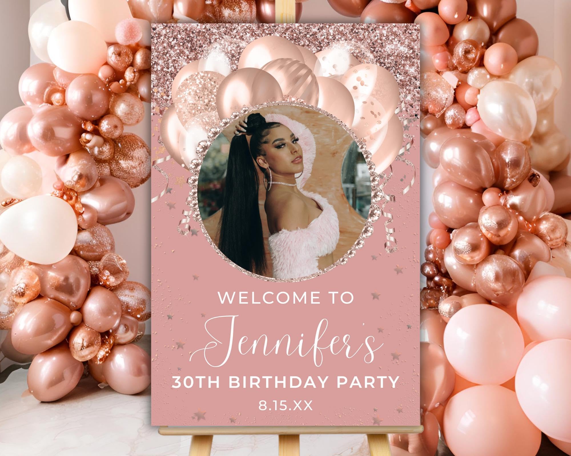 Editable Photo Pink Rose Gold Balloons Party Welcome Sign, Personalized Rose Gold Glitter 30th Birthday Sign, Photo Birthday Poster, Glittery Welcome