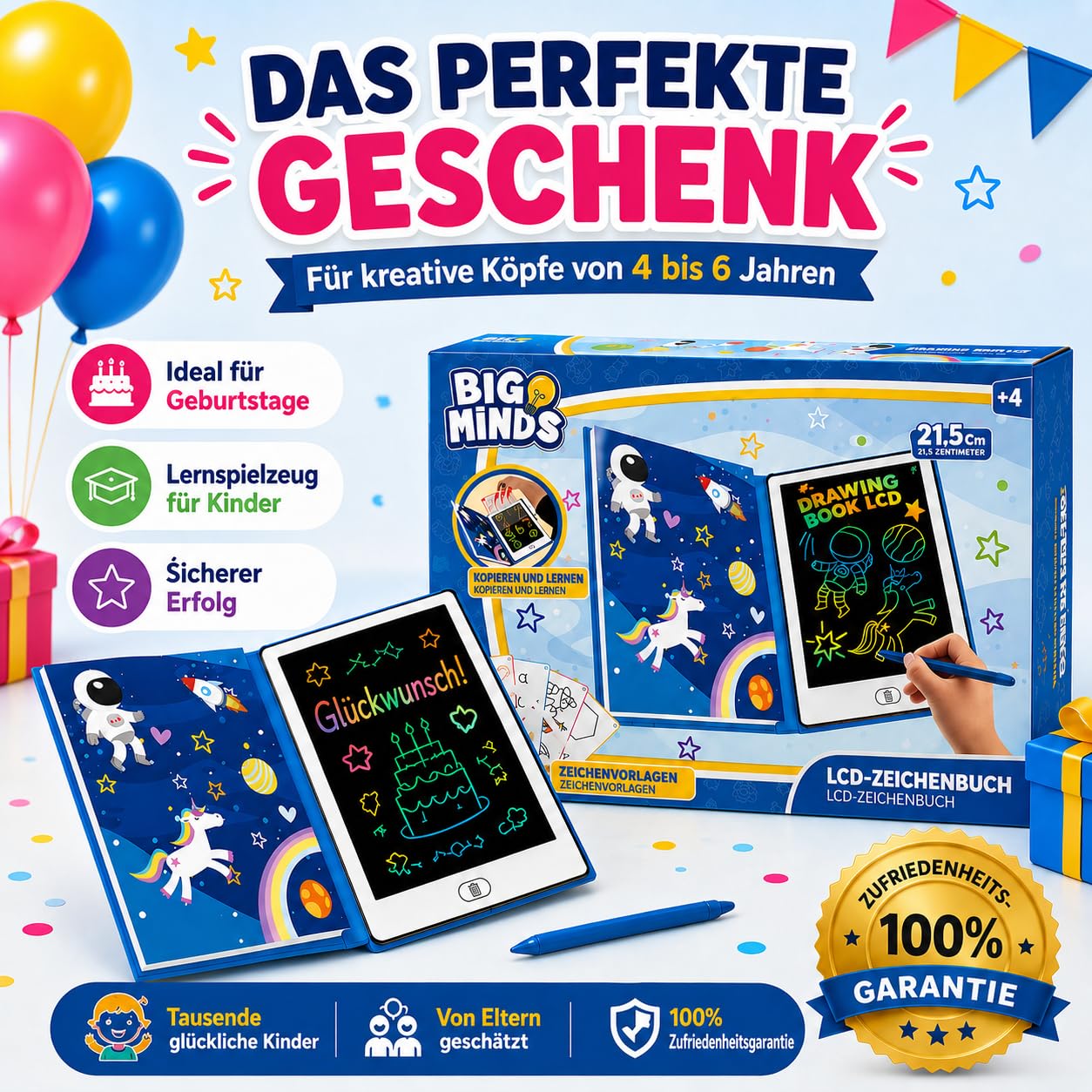 Big Minds - Maltafel Zaubertafel Buchformat | LCD Schreibtafel Kinder | Drawing Tablet Ideal | Maltablett Für Kinder 20 Wendbaren Zeichenvorlagen