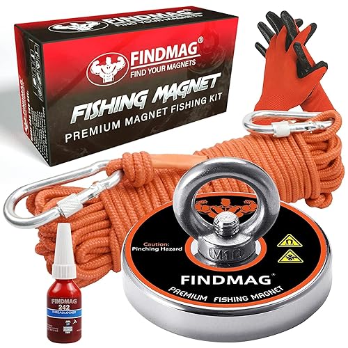 FINDMAG Kit de imanes de pesca con fuerza de tracción de 600 libras, kit de imanes súper fuertes para pesca magnética y recuperación, idea de regalo