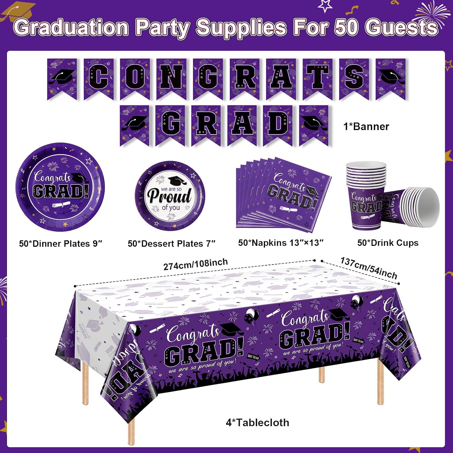 graduation plates and napkins set serve 50, class of 2026 graduation party dinnerware set, purple disposable paper plates napkins banner tablecloth for graduation congrats grad party supplies