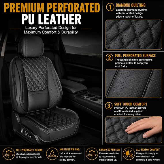 Car Seat Covers, Premium Nappa Leather Seat Covers for Car, Full Set | 5 seats Waterproof with lumbar support breathable perforated design airbag compatible easy to clean for cars SUVs trucks