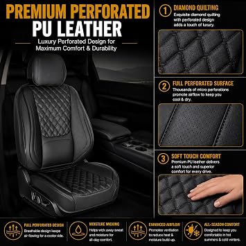 Car Seat Covers, Premium Nappa Leather Seat Covers for Car, Full Set | 5 seats Waterproof with lumbar support breathable perforated design airbag compatible easy to clean for cars SUVs trucks
